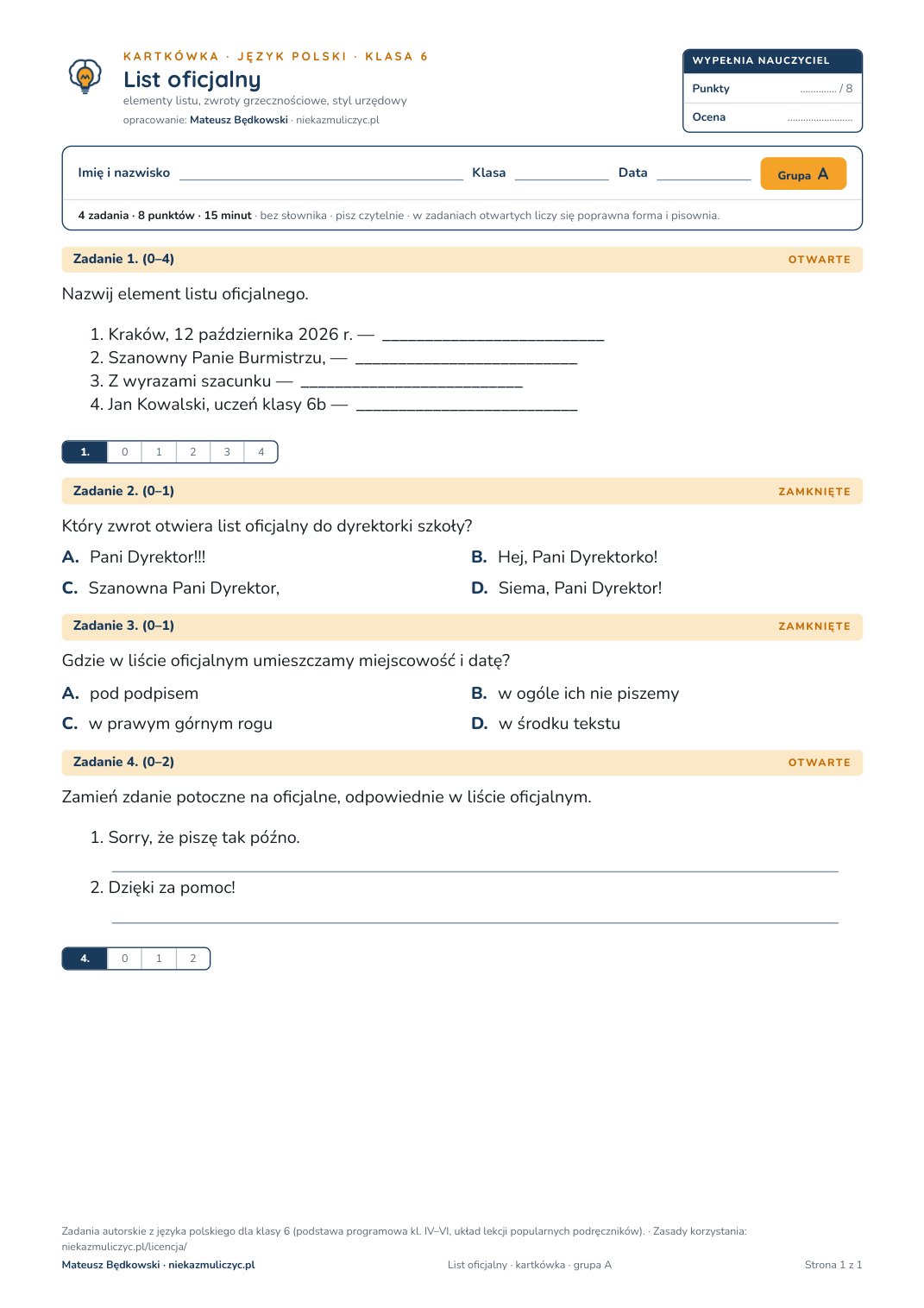 Pierwsza strona bezpłatnego arkusza A: List oficjalny, kartkówka z polskiego, klasa 6