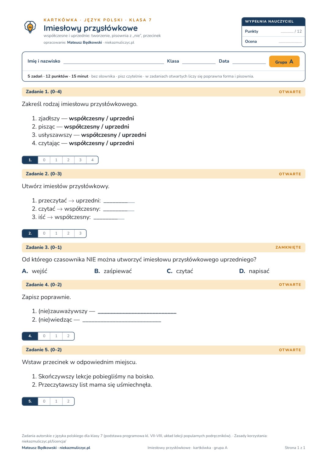 Pierwsza strona bezpłatnego arkusza A: Imiesłowy przysłówkowe, kartkówka z polskiego, klasa 7