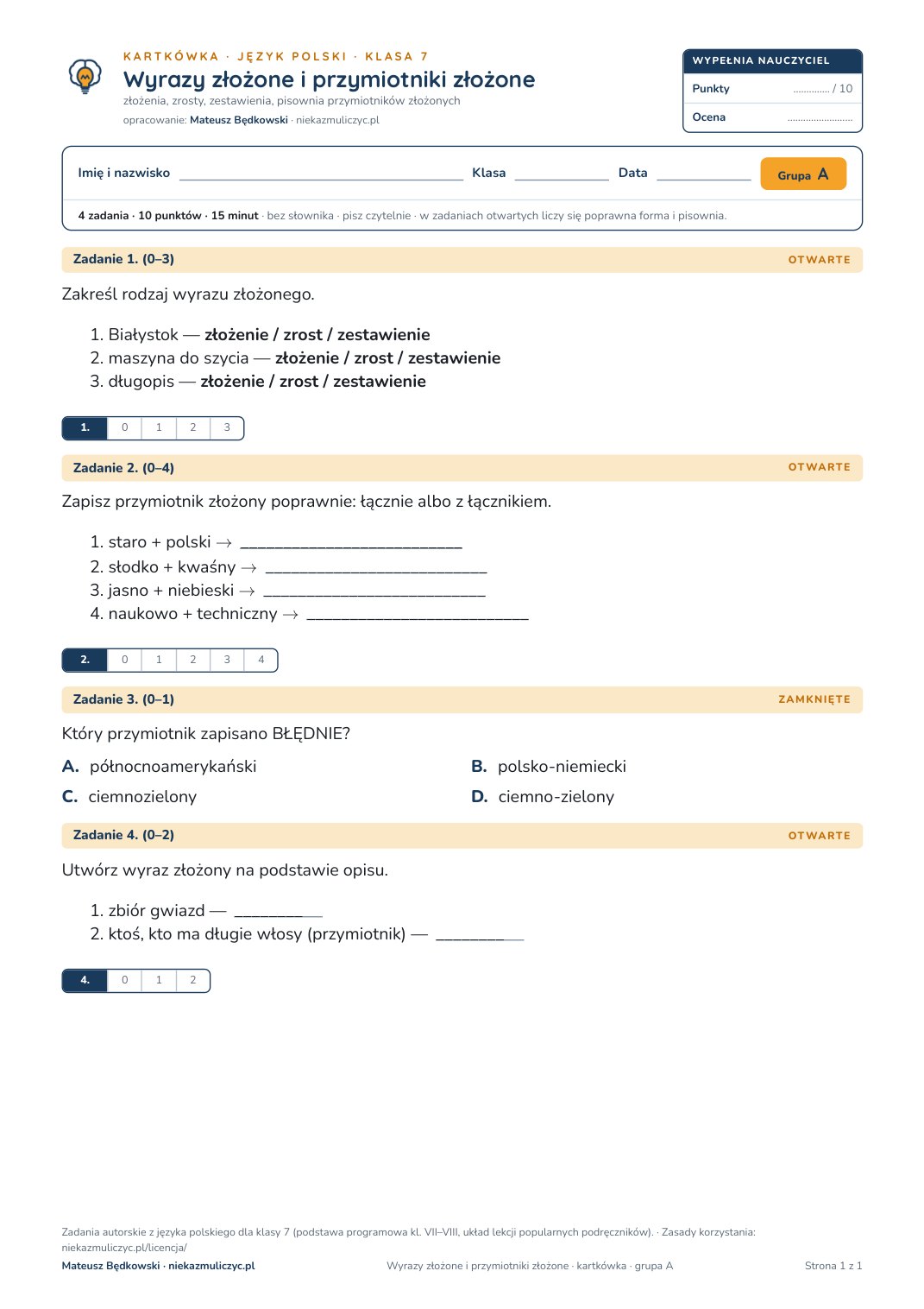 Pierwsza strona bezpłatnego arkusza A: Wyrazy złożone i przymiotniki złożone, kartkówka z polskiego, klasa 7