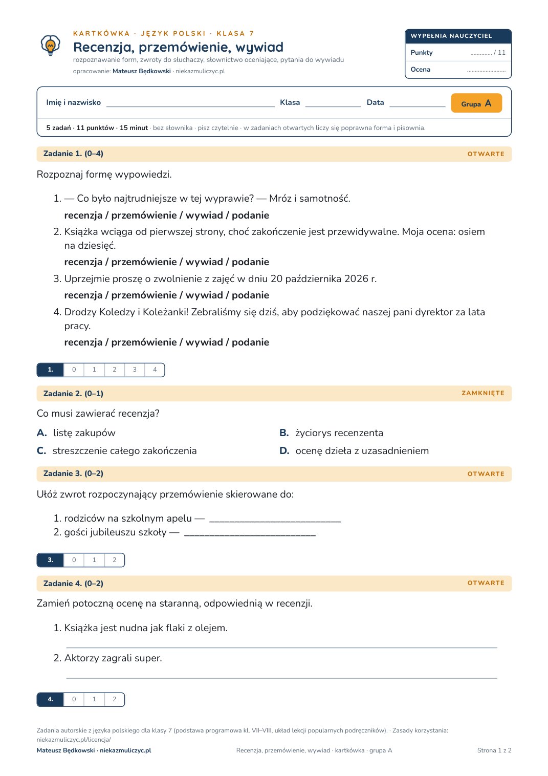 Pierwsza strona bezpłatnego arkusza A: Recenzja, przemówienie, wywiad, kartkówka z polskiego, klasa 7