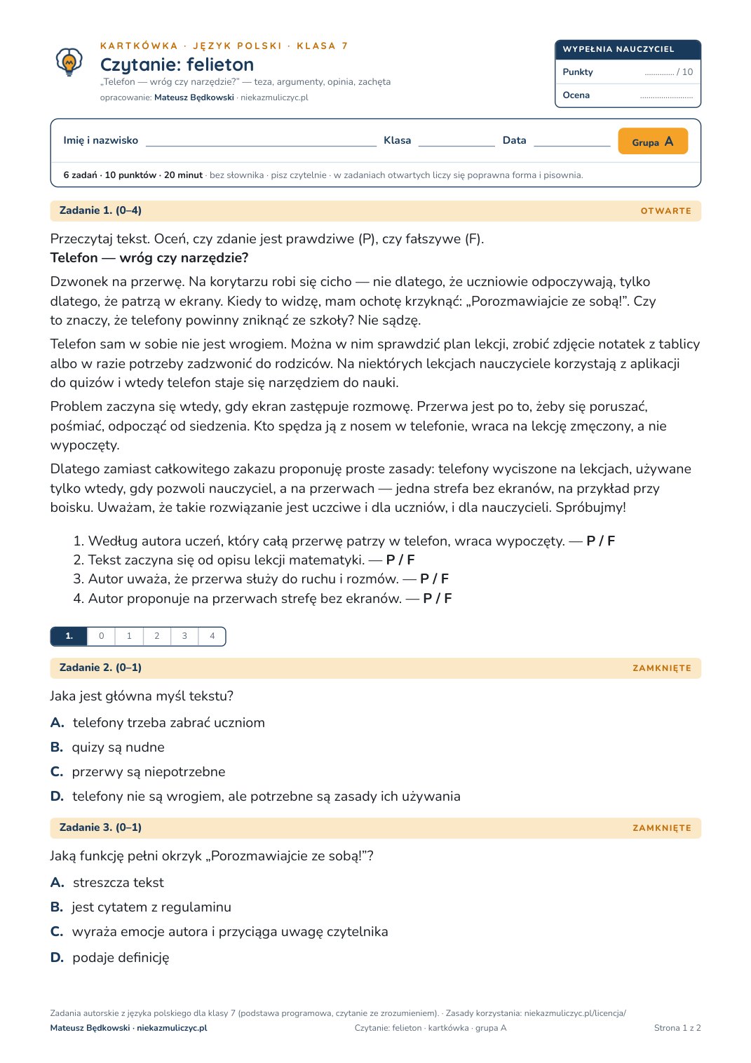 Pierwsza strona bezpłatnego arkusza A: Czytanie: felieton, kartkówka z polskiego, klasa 7