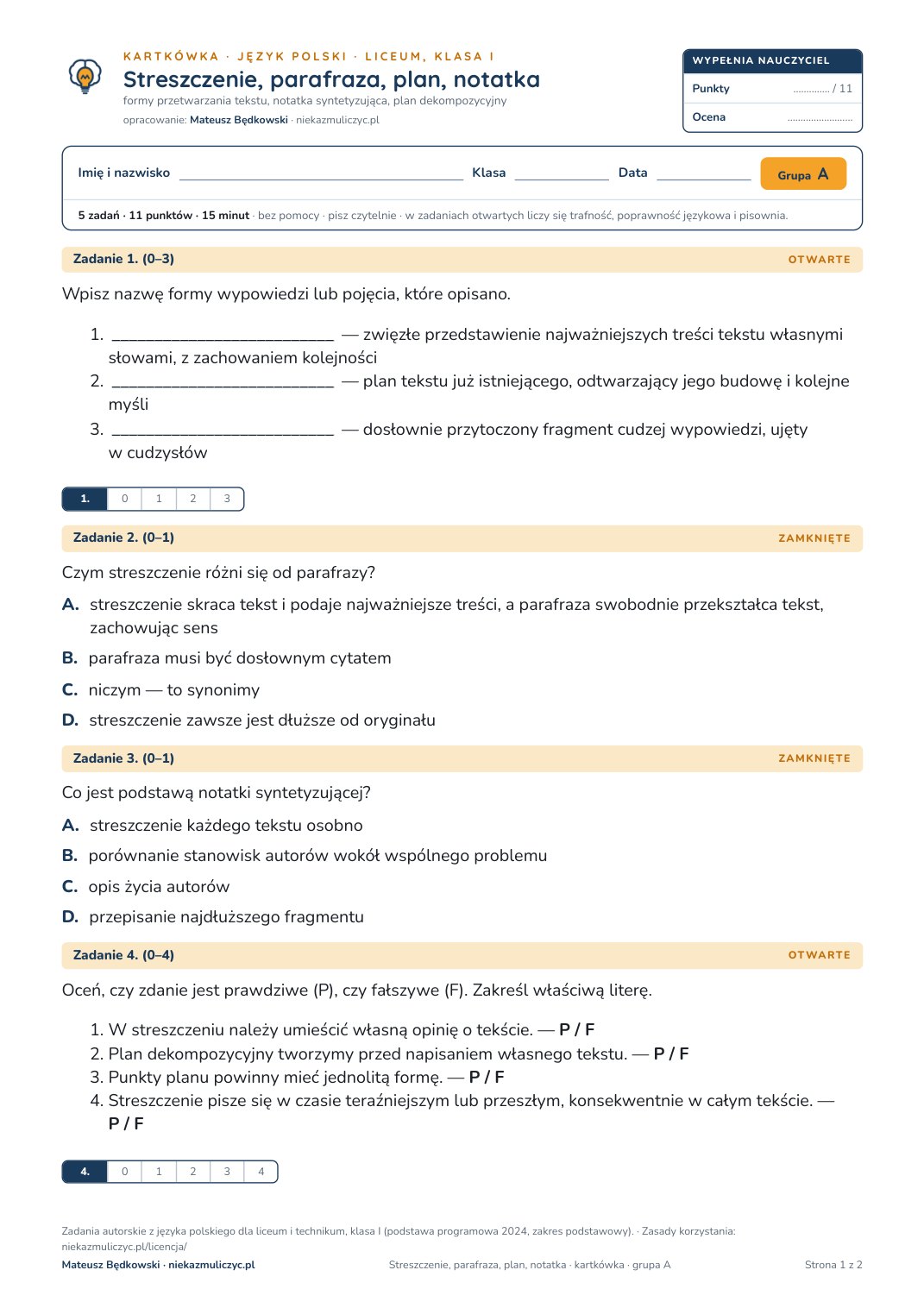 Pierwsza strona bezpłatnego arkusza A: Streszczenie, parafraza, plan, notatka, kartkówka z polskiego, liceum, klasa 1