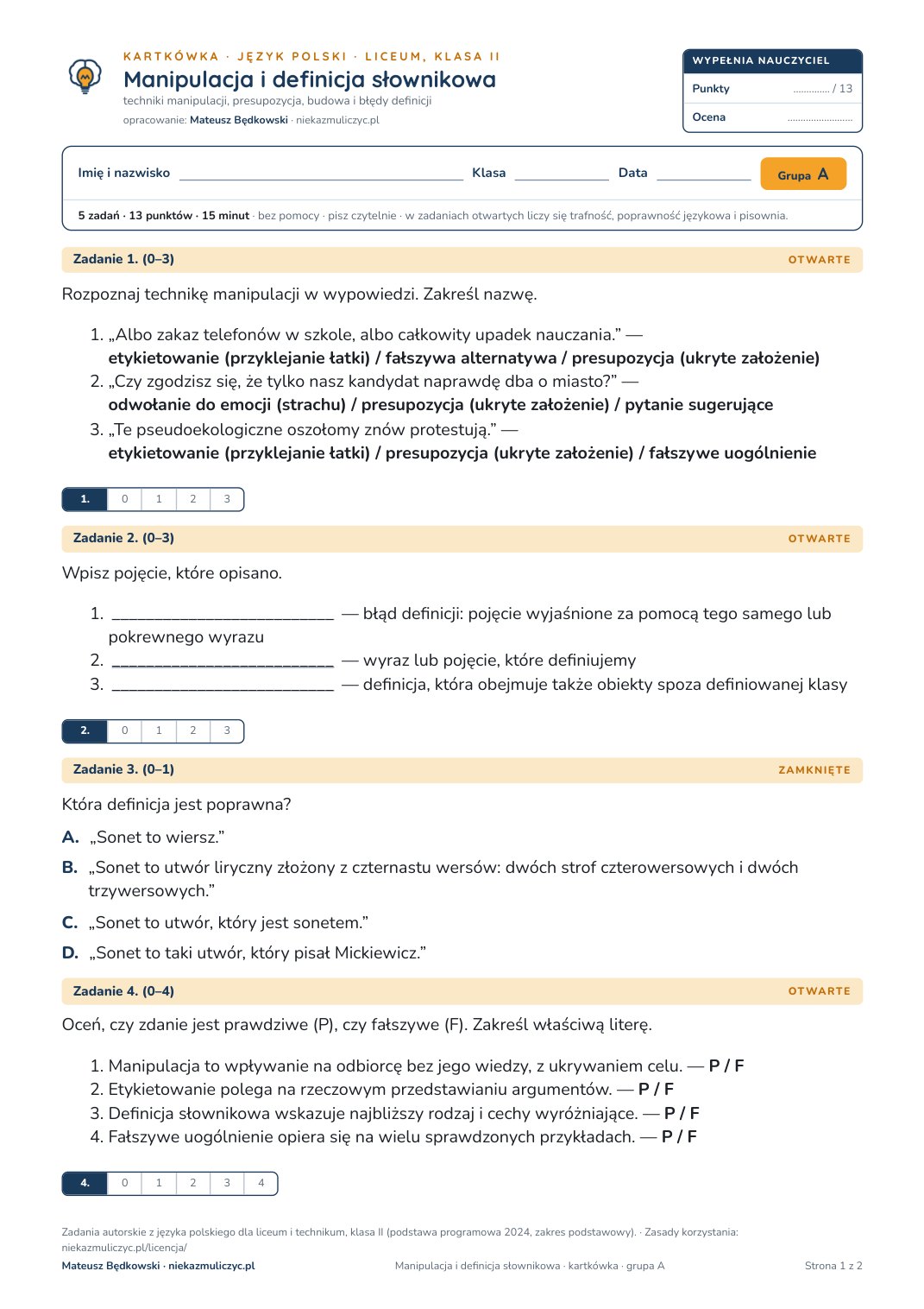 Pierwsza strona bezpłatnego arkusza A: Manipulacja i definicja słownikowa, kartkówka z polskiego, liceum, klasa 2
