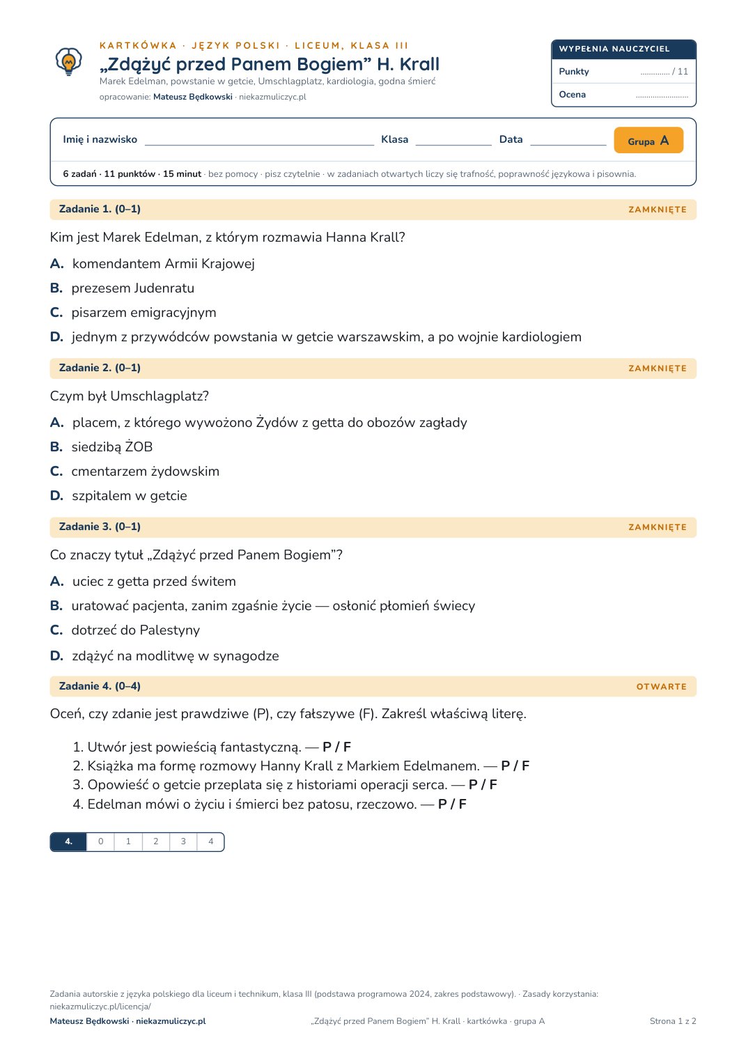 Pierwsza strona bezpłatnego arkusza A: „Zdążyć przed Panem Bogiem” H. Krall, kartkówka z polskiego, liceum, klasa 3