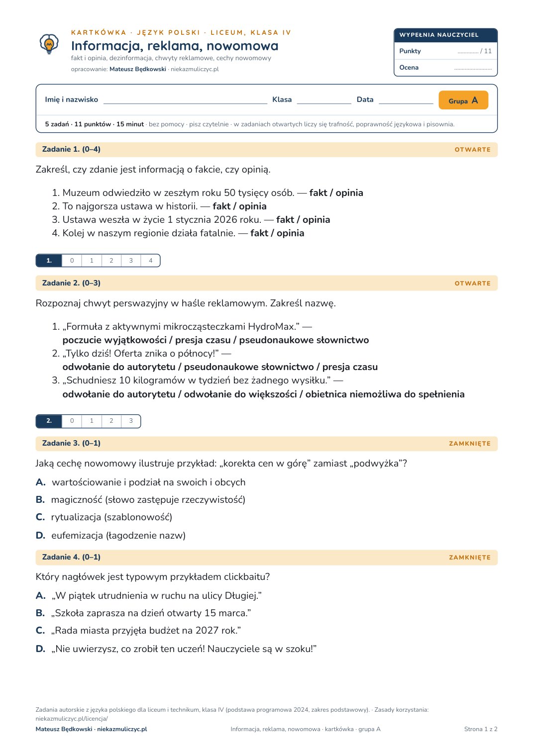 Pierwsza strona bezpłatnego arkusza A: Informacja, reklama, nowomowa, kartkówka z polskiego, liceum, klasa 4