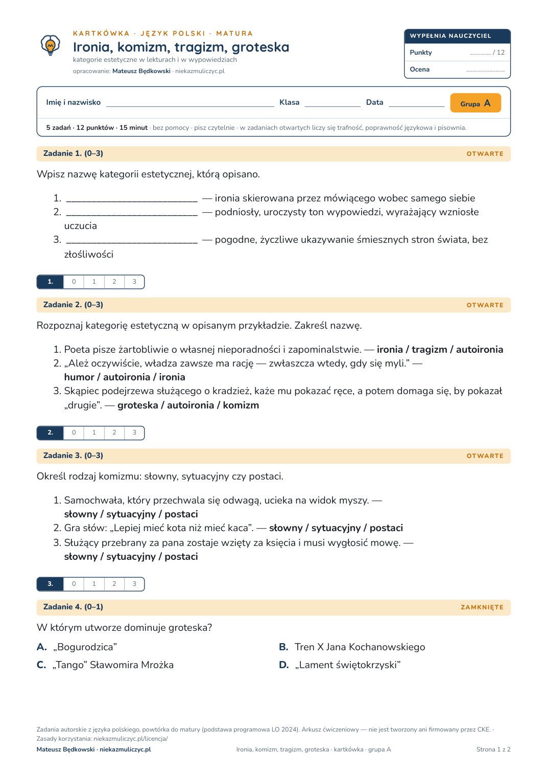 Pierwsza strona bezpłatnego arkusza A: Ironia, komizm, tragizm, groteska, kartkówka z polskiego, matura