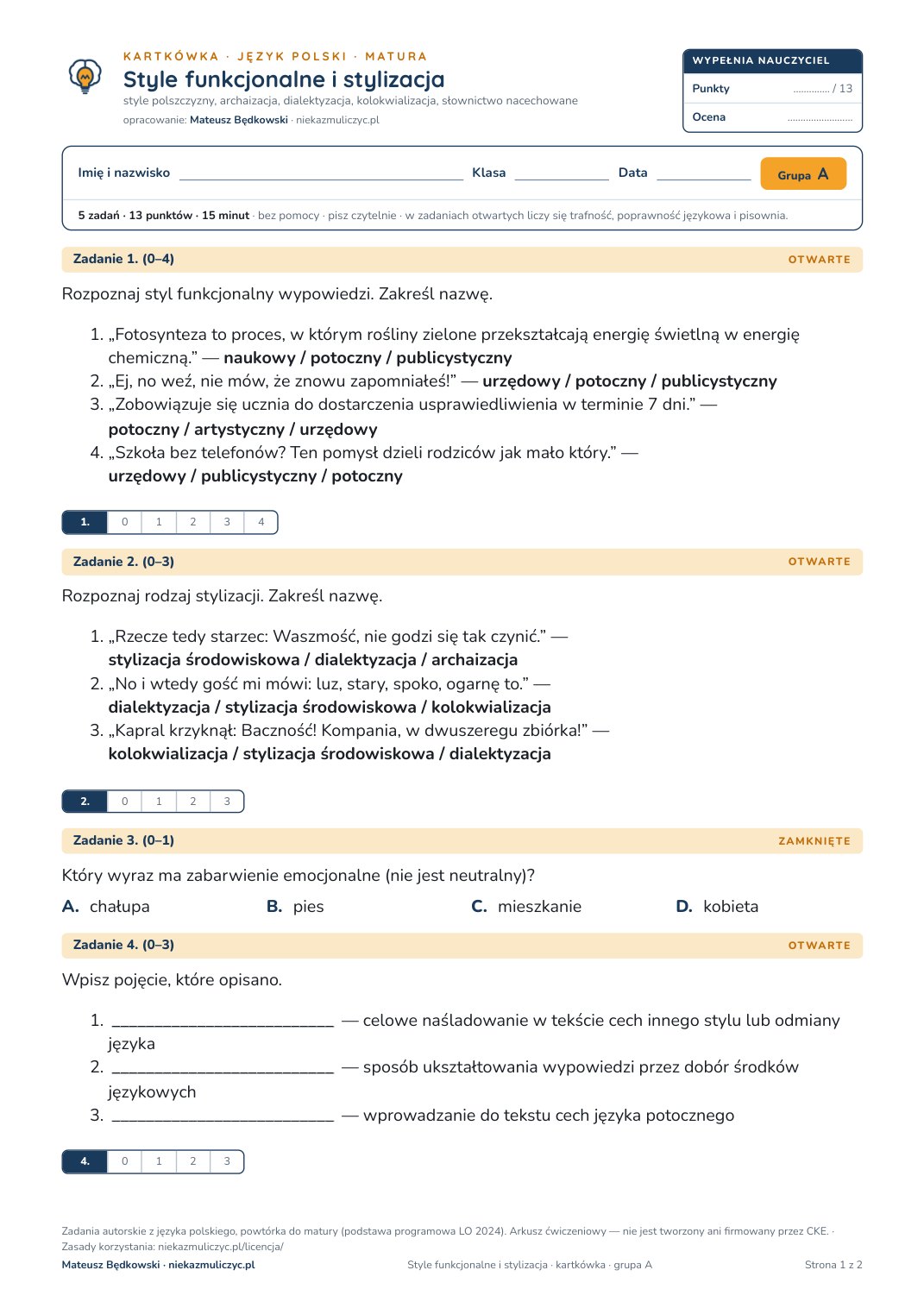 Pierwsza strona bezpłatnego arkusza A: Style funkcjonalne i stylizacja, kartkówka z polskiego, matura