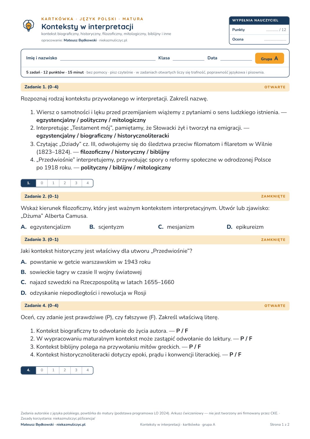 Pierwsza strona bezpłatnego arkusza A: Konteksty w interpretacji, kartkówka z polskiego, matura