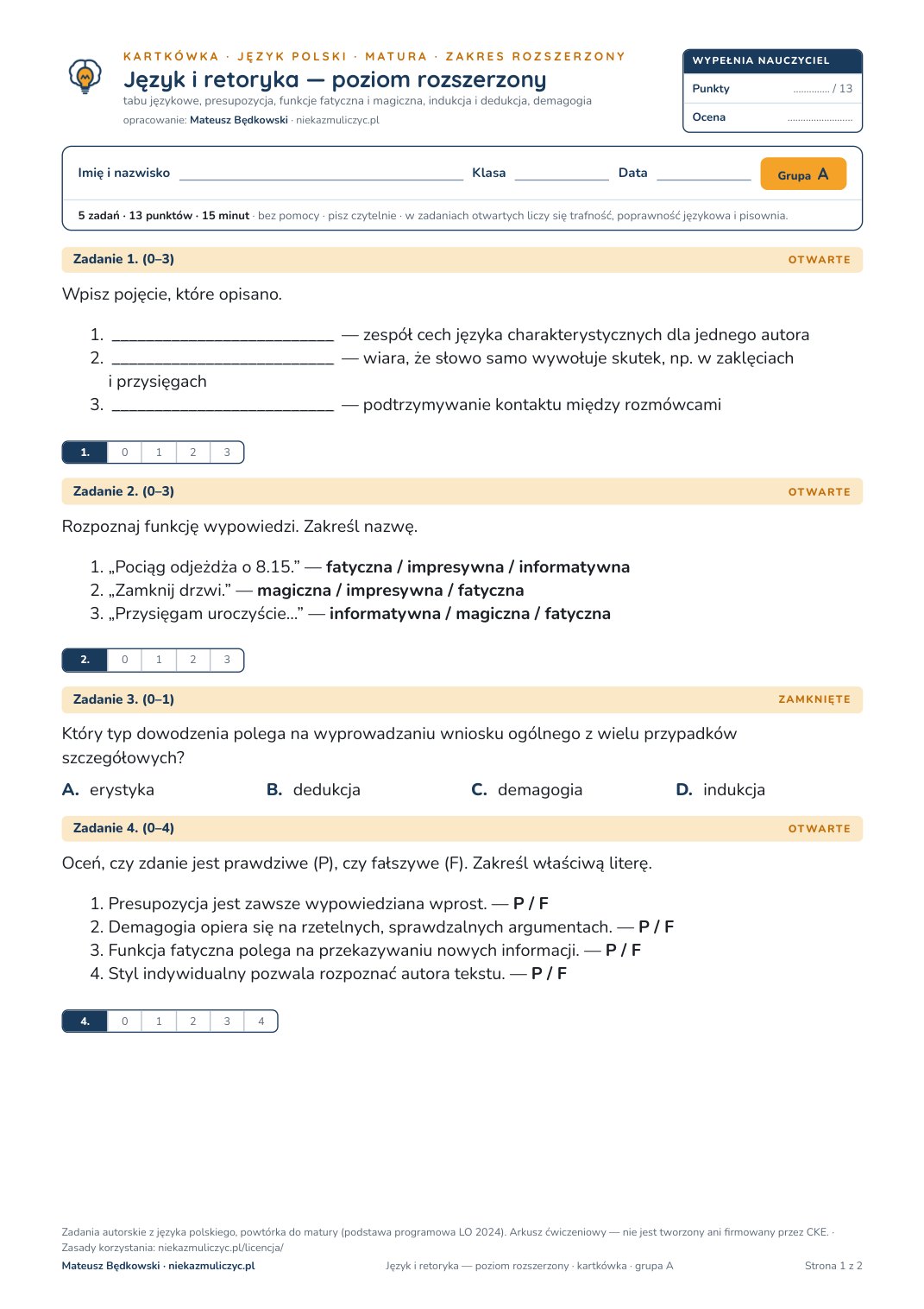 Pierwsza strona bezpłatnego arkusza A: Język i retoryka — poziom rozszerzony, kartkówka z polskiego, matura, poziom rozszerzony