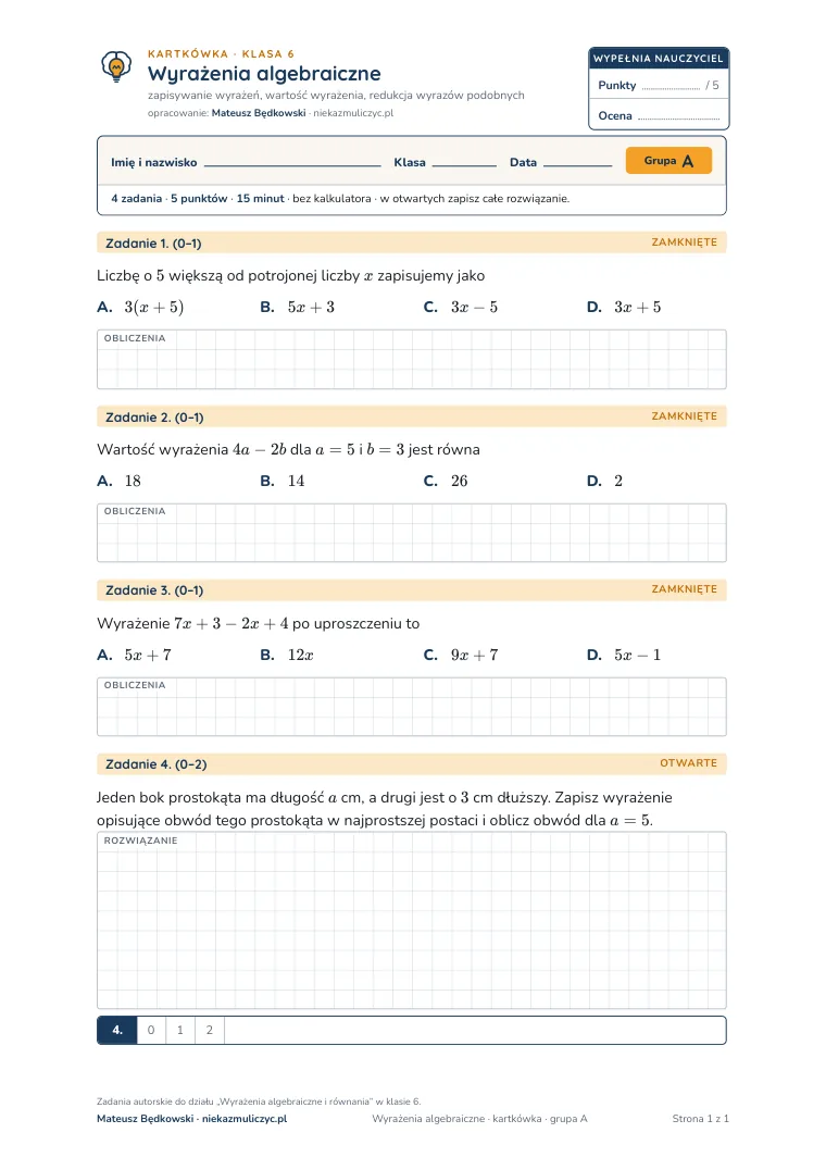 Kartkówka: Wyrażenia algebraiczne — pierwsza strona, grupa A