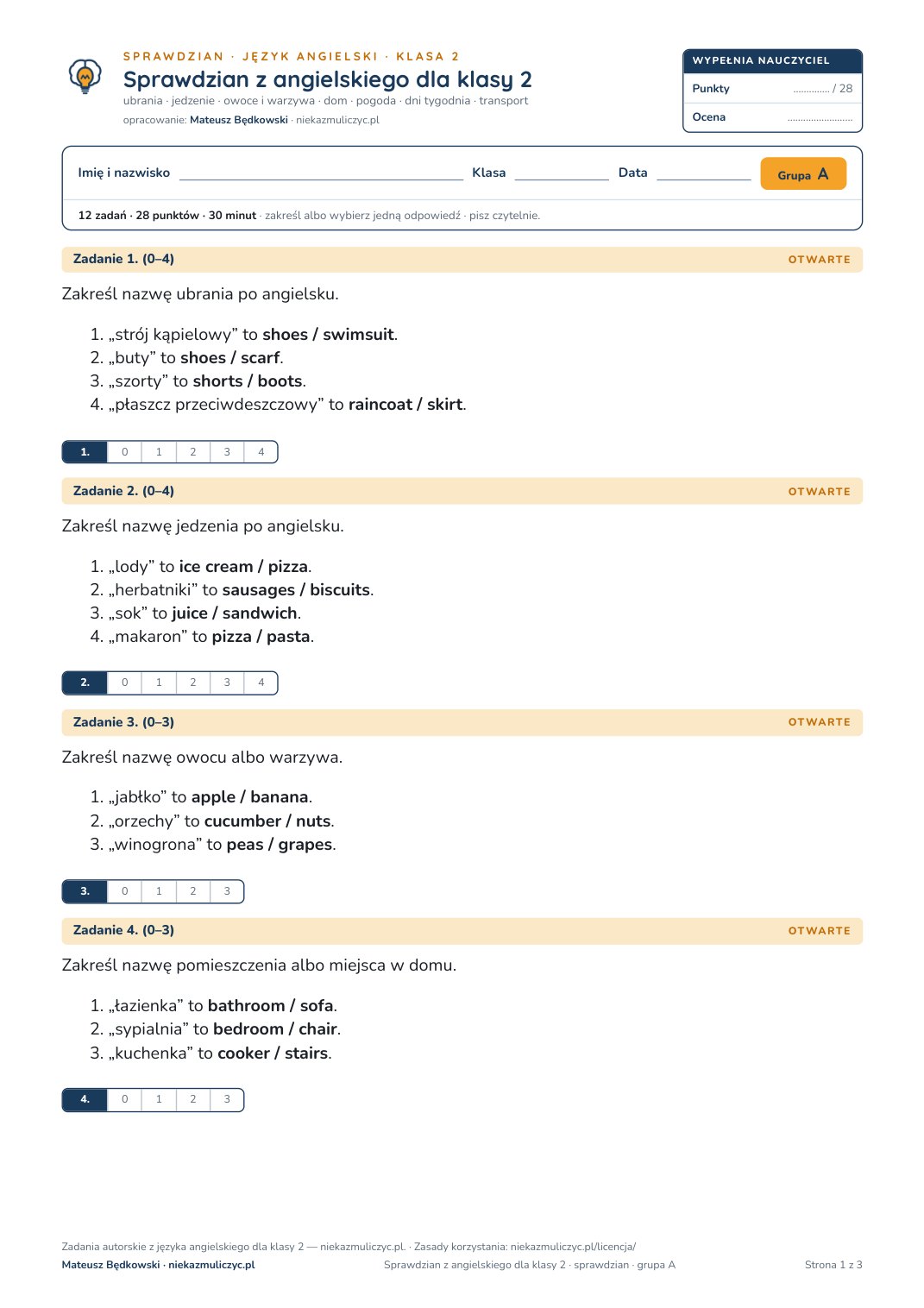 Pierwsza strona bezpłatnego arkusza A: sprawdzian z angielskiego, klasa 2