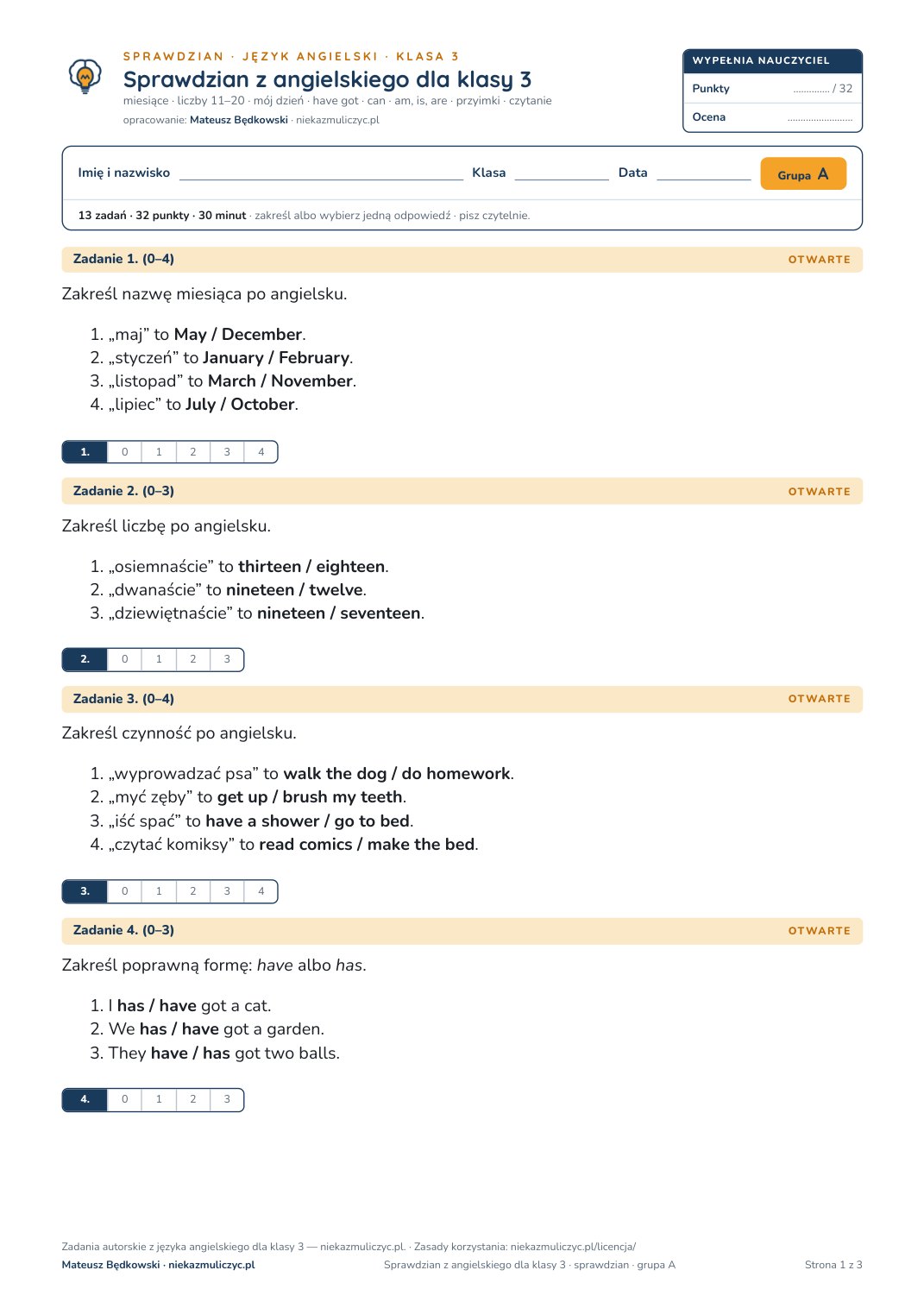 Pierwsza strona bezpłatnego arkusza A: sprawdzian z angielskiego, klasa 3
