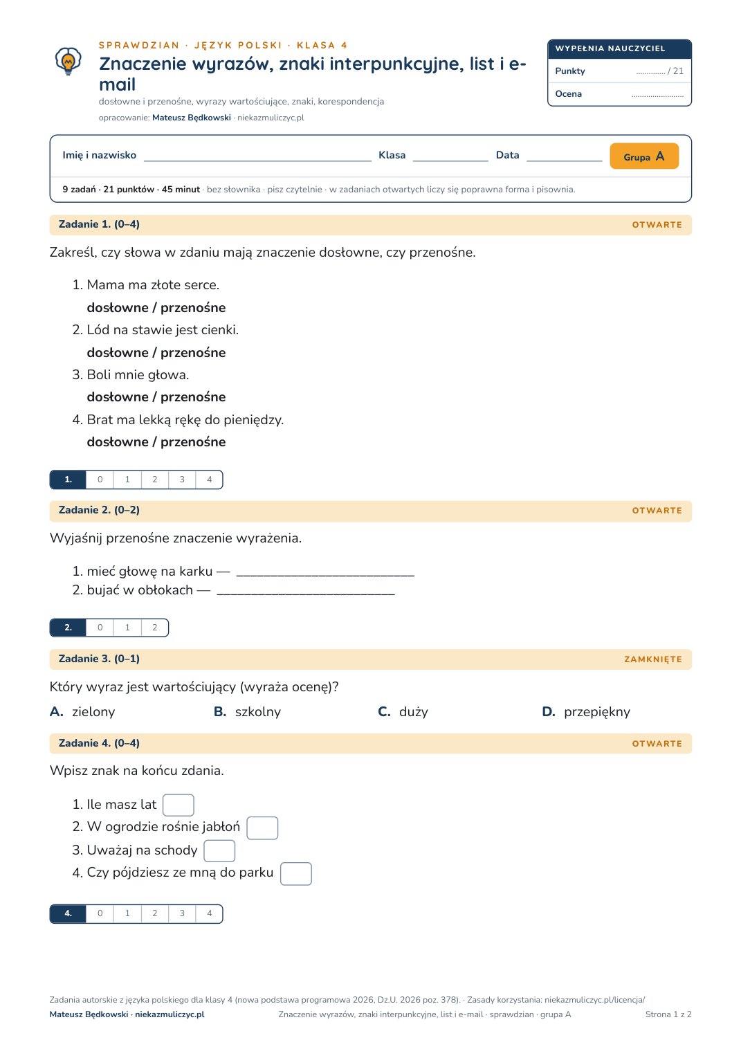 Pierwsza strona bezpłatnego arkusza A: Znaczenie wyrazów, znaki interpunkcyjne, list i e-mail, sprawdzian z polskiego, klasa 4
