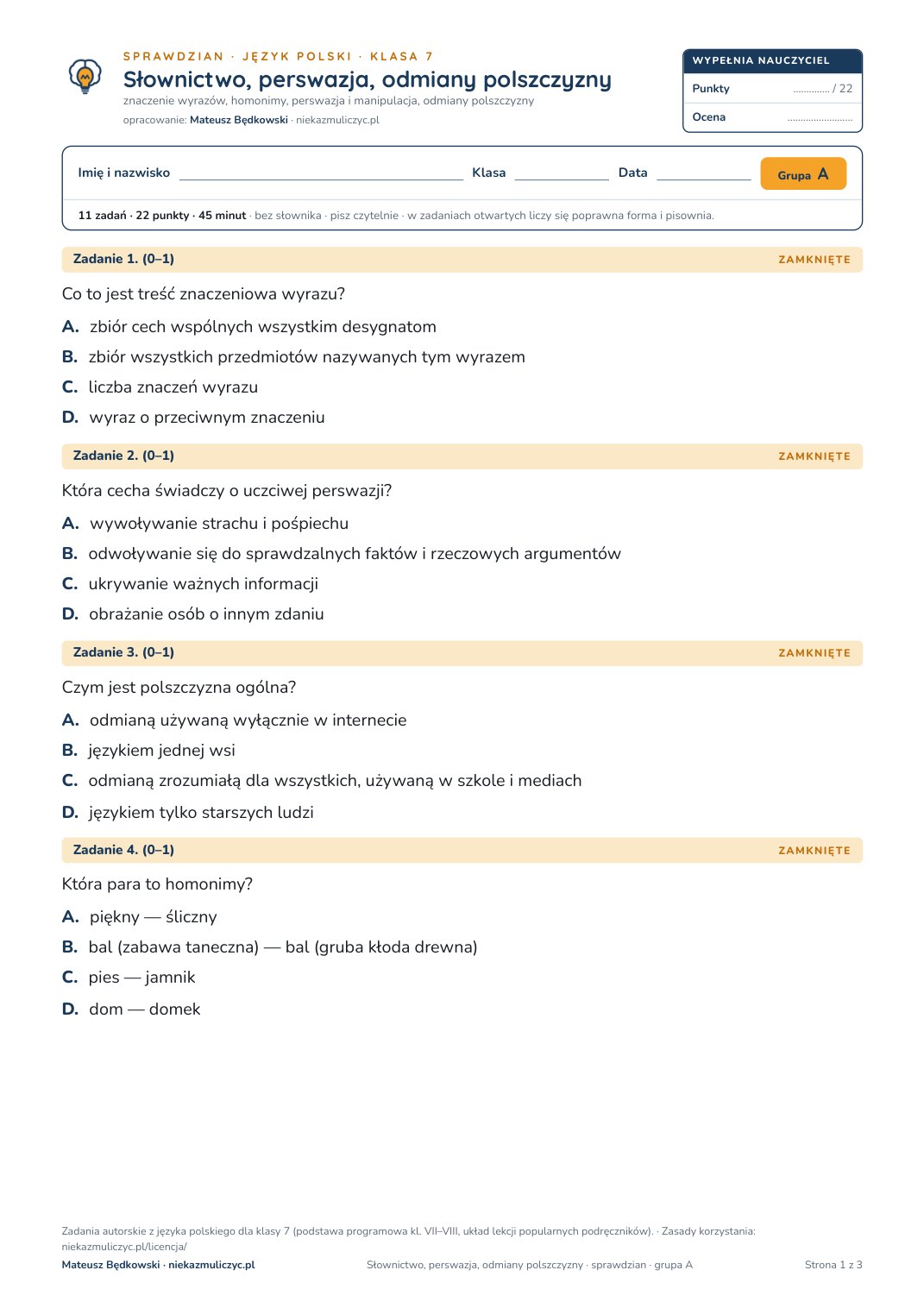 Pierwsza strona bezpłatnego arkusza A: Słownictwo, perswazja, odmiany polszczyzny, sprawdzian z polskiego, klasa 7