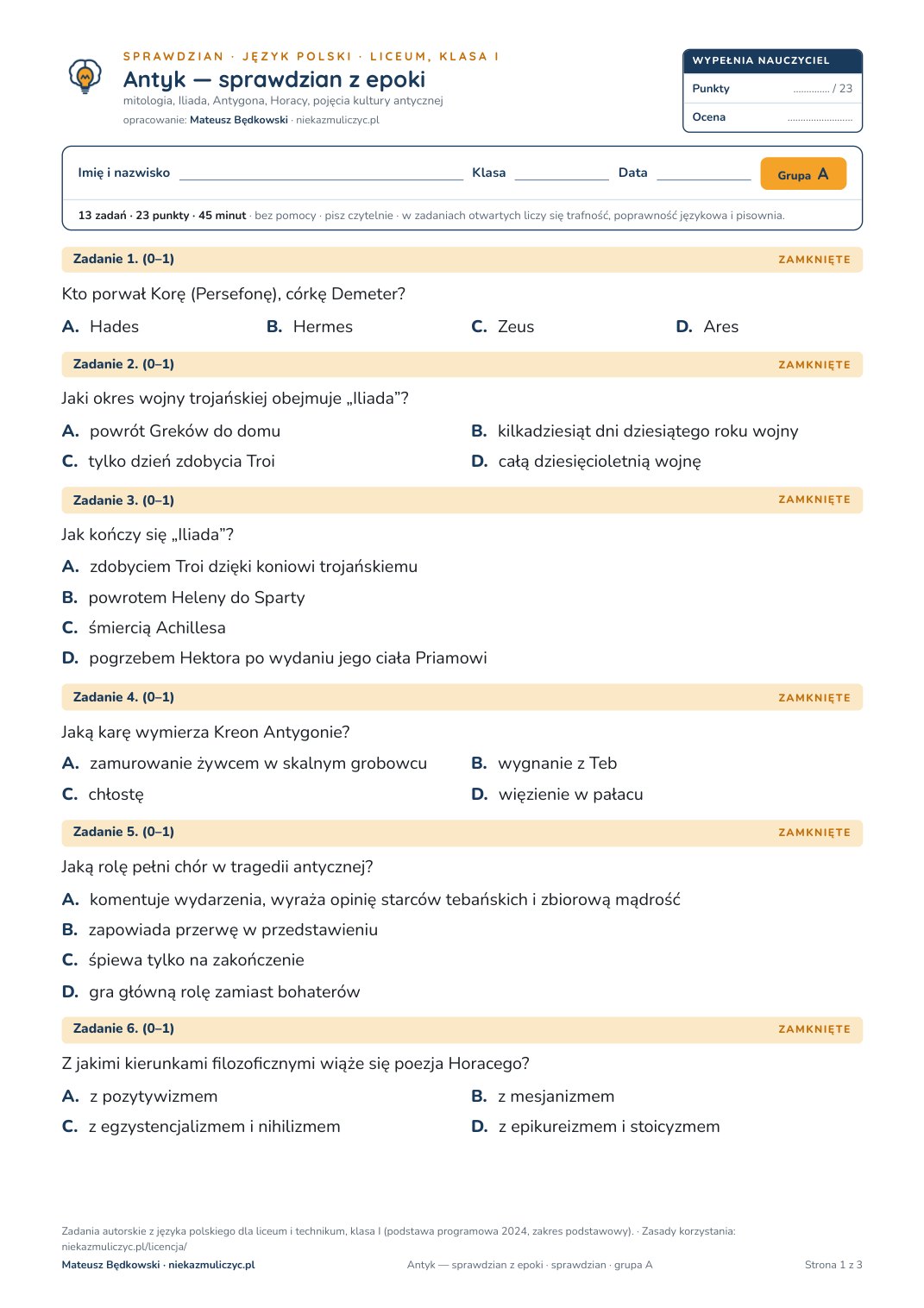 Pierwsza strona bezpłatnego arkusza A: Antyk — sprawdzian z epoki, sprawdzian z polskiego, liceum, klasa 1