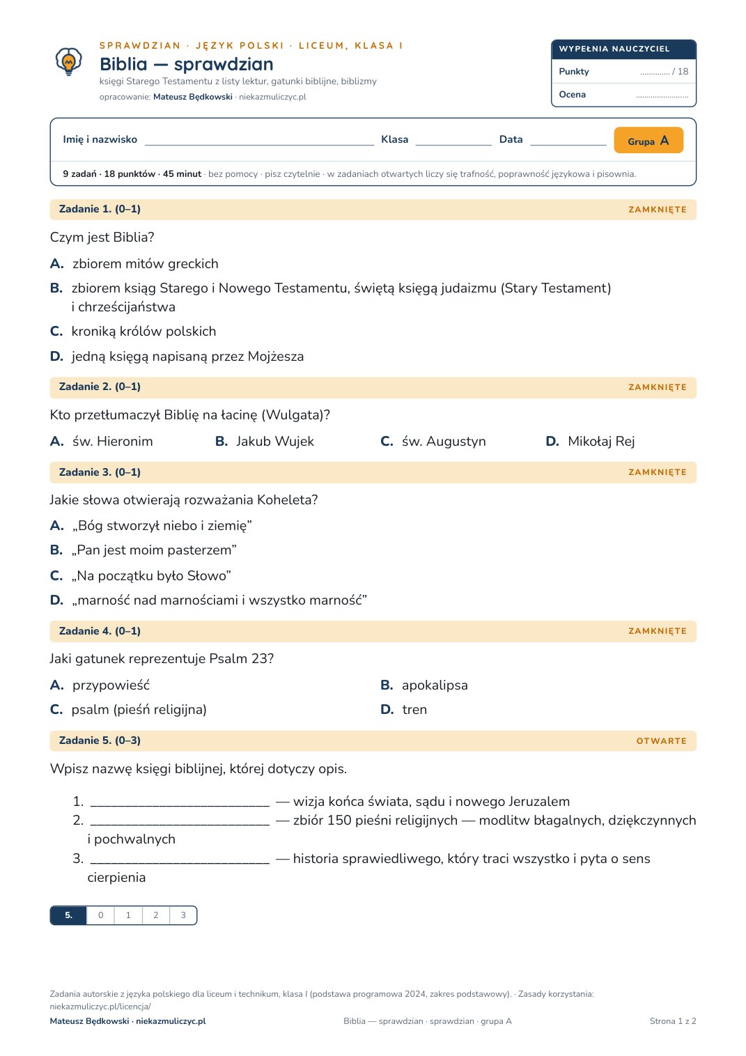 Pierwsza strona bezpłatnego arkusza A: Biblia — sprawdzian, sprawdzian z polskiego, liceum, klasa 1