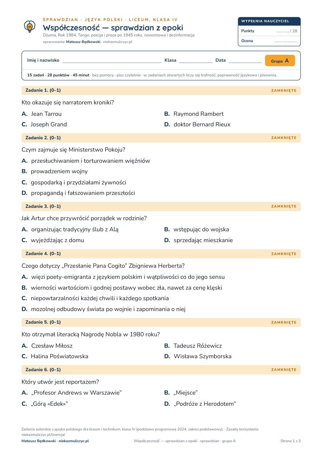 Pierwsza strona bezpłatnego arkusza A: Współczesność — sprawdzian z epoki, sprawdzian z polskiego, liceum, klasa 4