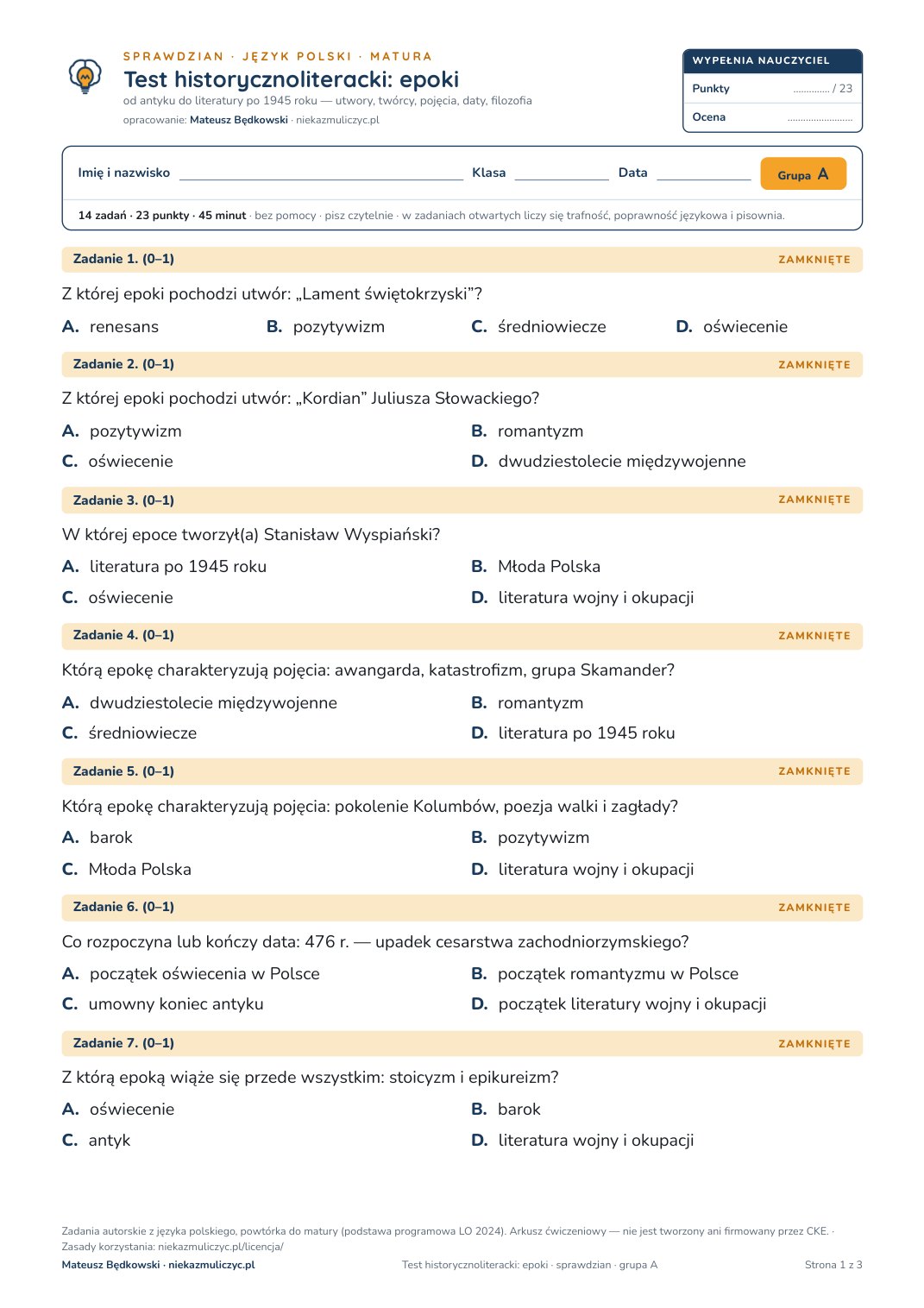 Pierwsza strona bezpłatnego arkusza A: Test historycznoliteracki: epoki, sprawdzian z polskiego, matura