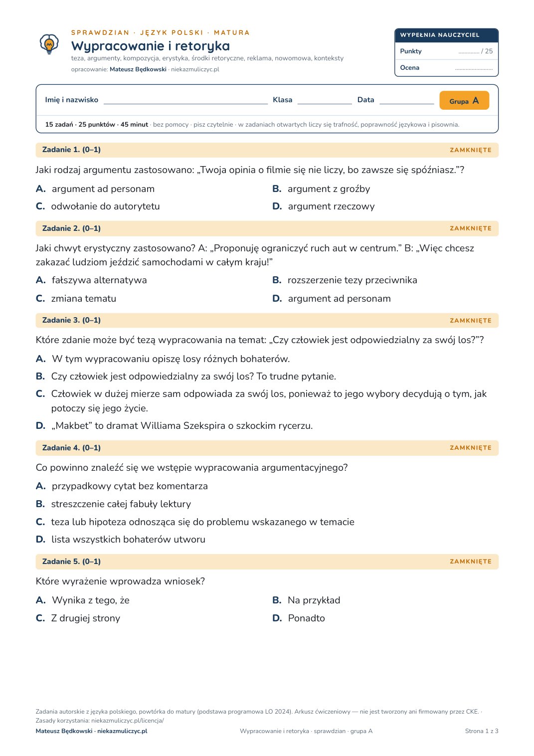 Pierwsza strona bezpłatnego arkusza A: Wypracowanie i retoryka, sprawdzian z polskiego, matura