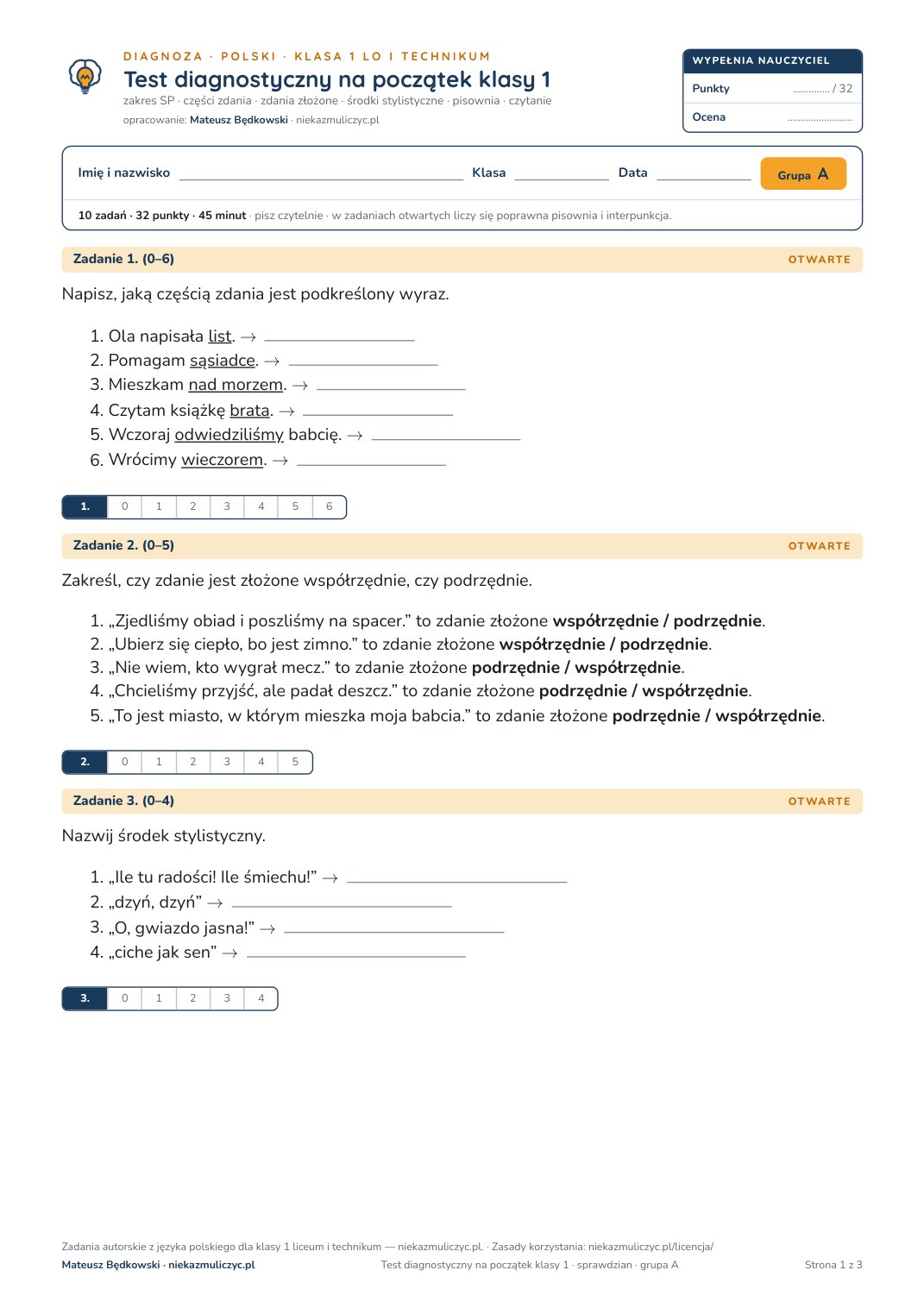 Pierwsza strona bezpłatnego arkusza A: test diagnostyczny z polskiego, klasa 1 liceum