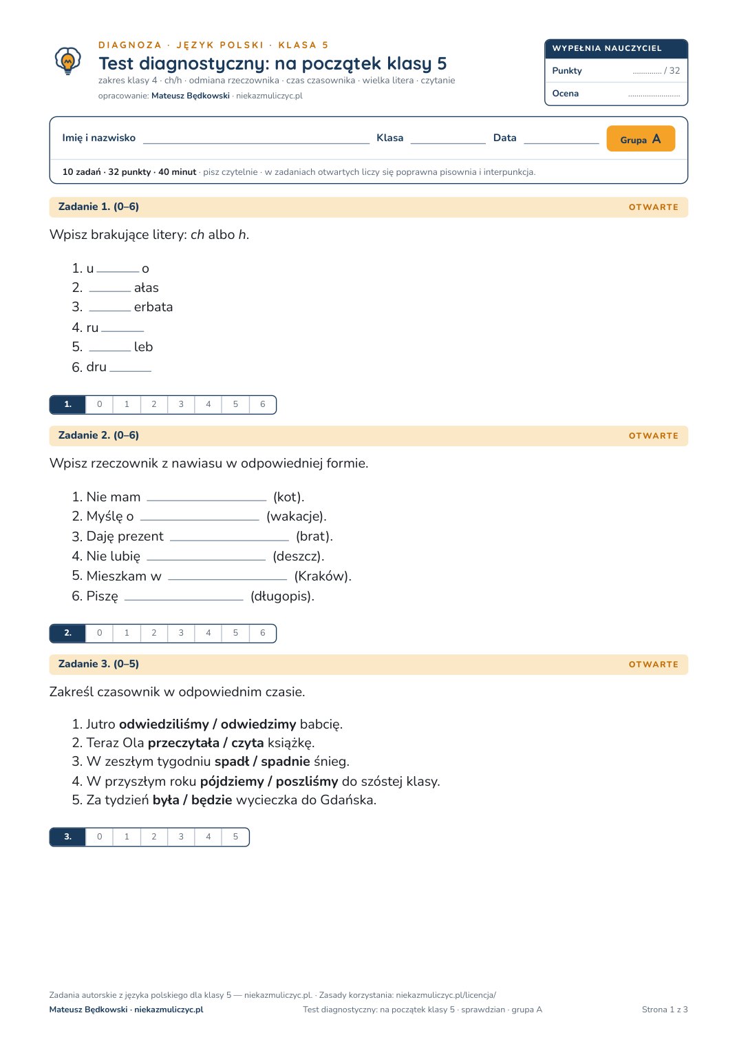 Pierwsza strona bezpłatnego arkusza A: test diagnostyczny z polskiego, klasa 5