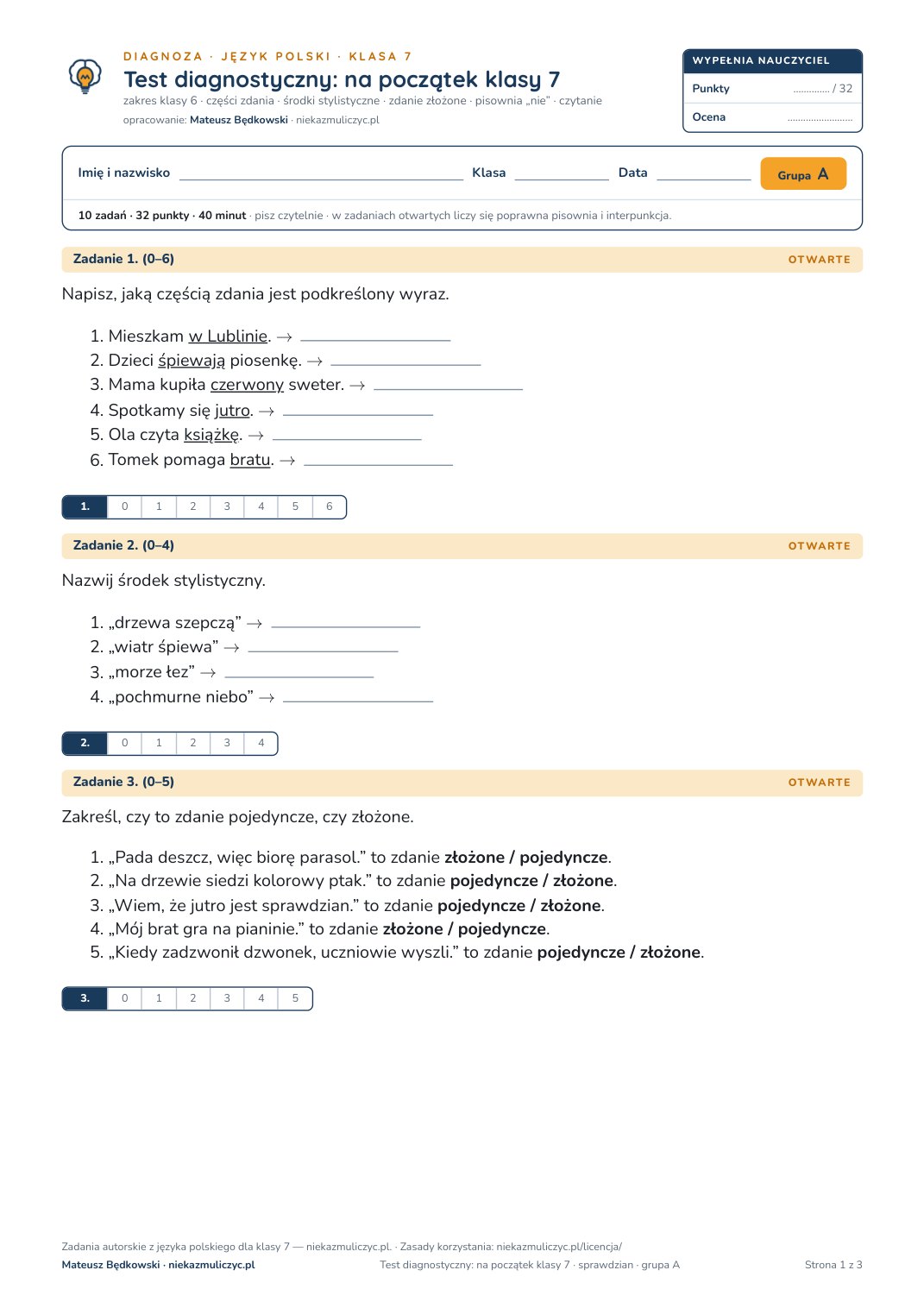 Pierwsza strona bezpłatnego arkusza A: test diagnostyczny z polskiego, klasa 7