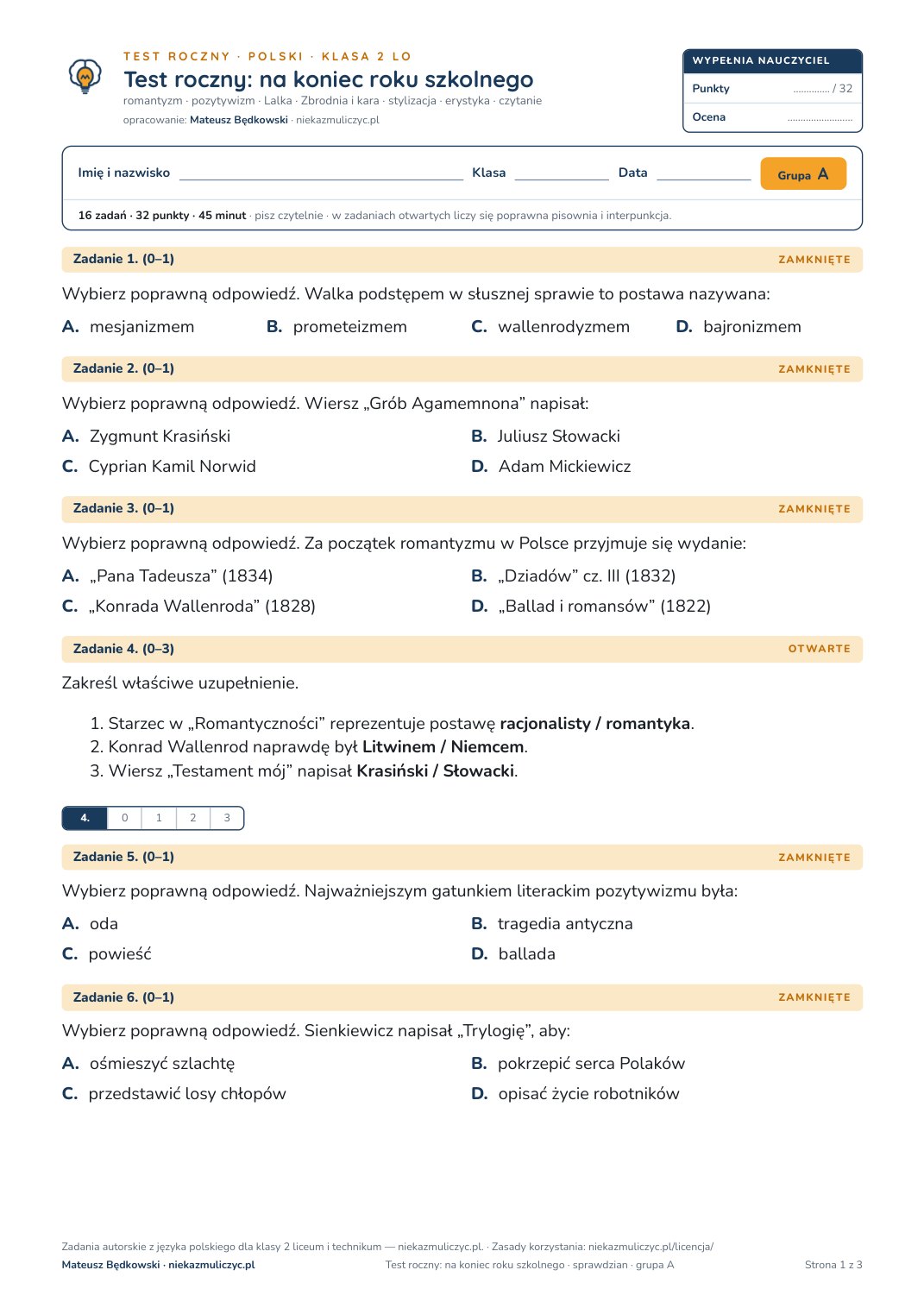 Pierwsza strona bezpłatnego arkusza A: test roczny z polskiego, klasa 2 liceum