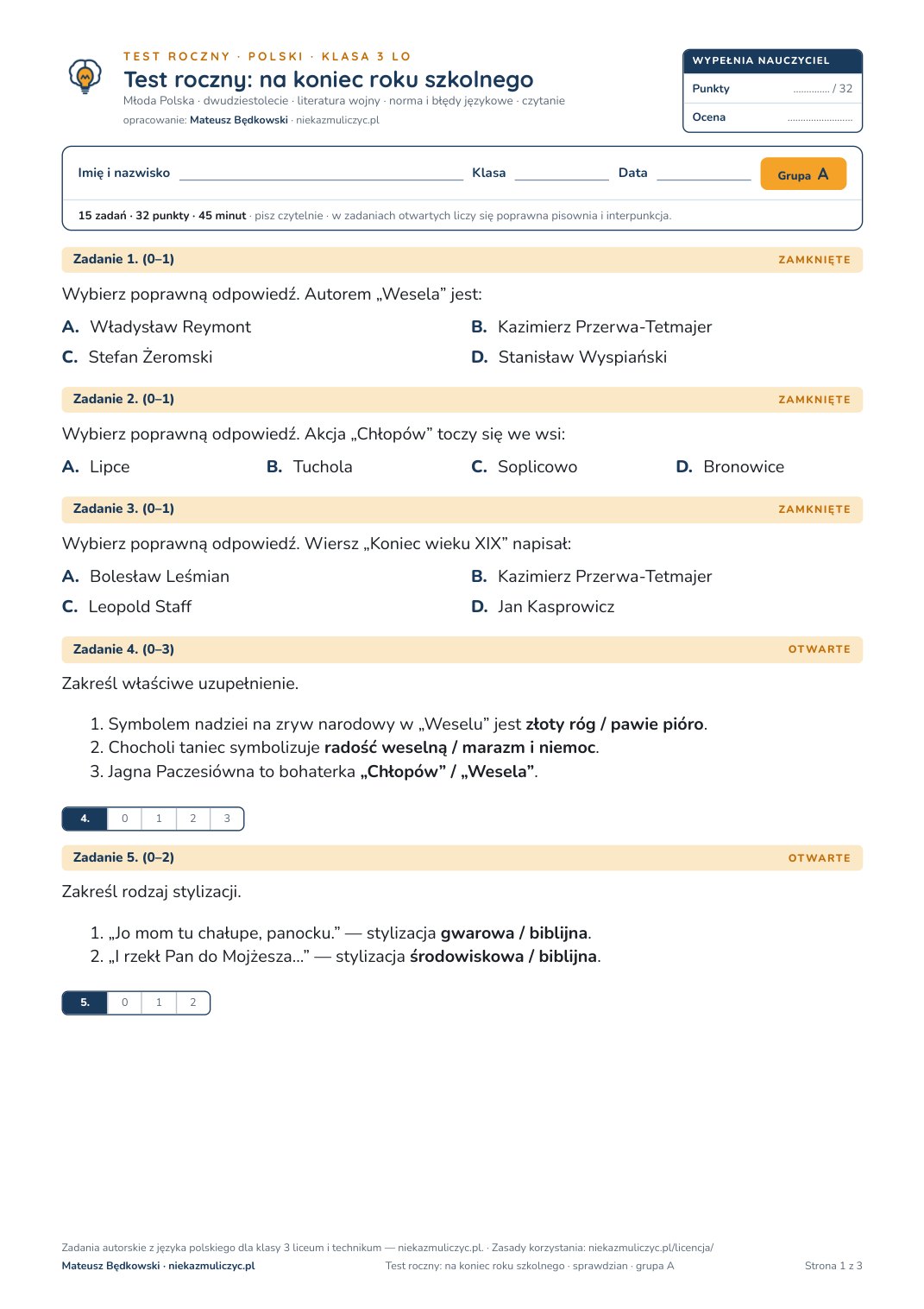 Pierwsza strona bezpłatnego arkusza A: test roczny z polskiego, klasa 3 liceum