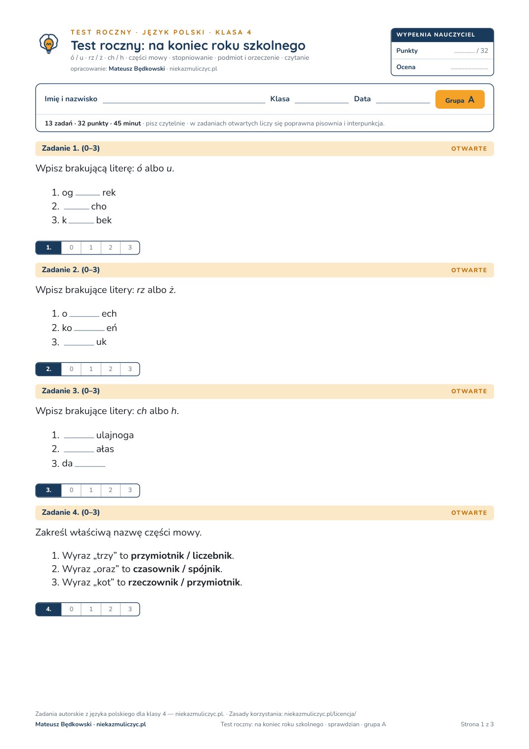 Pierwsza strona bezpłatnego arkusza A: test roczny z polskiego, klasa 4