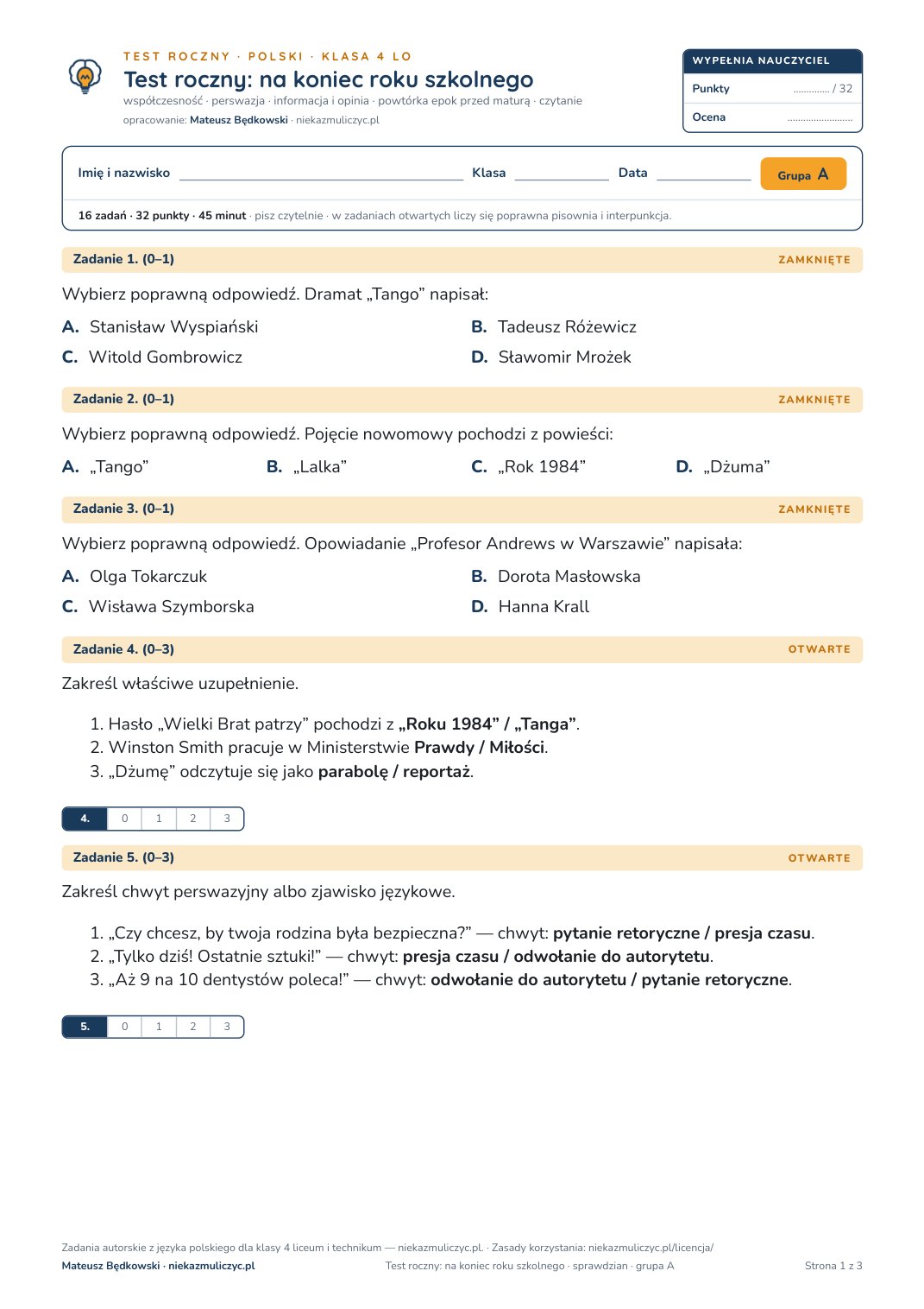 Pierwsza strona bezpłatnego arkusza A: test roczny z polskiego, klasa 4 liceum