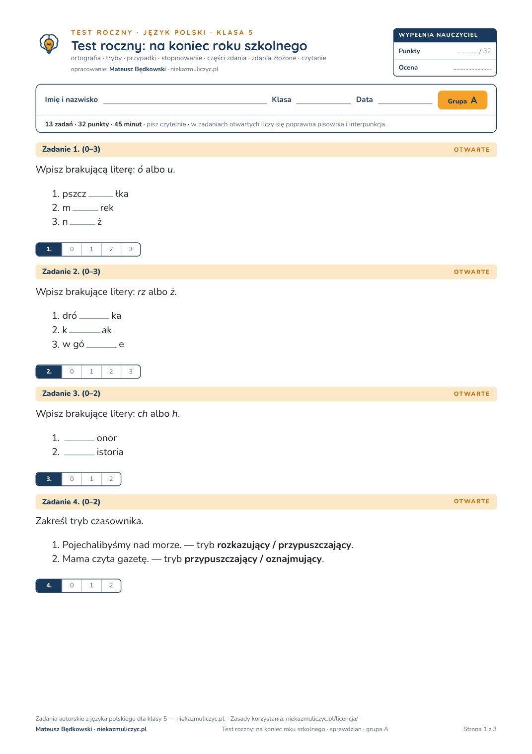 Pierwsza strona bezpłatnego arkusza A: test roczny z polskiego, klasa 5
