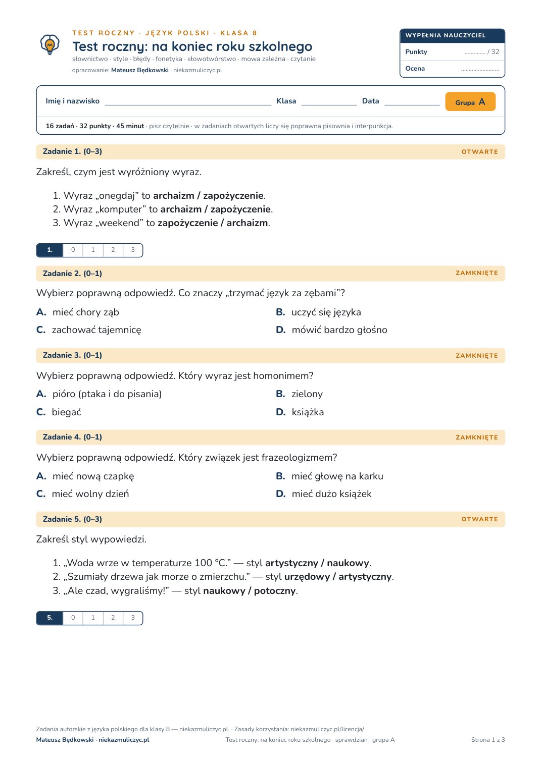 Pierwsza strona bezpłatnego arkusza A: test roczny z polskiego, klasa 8