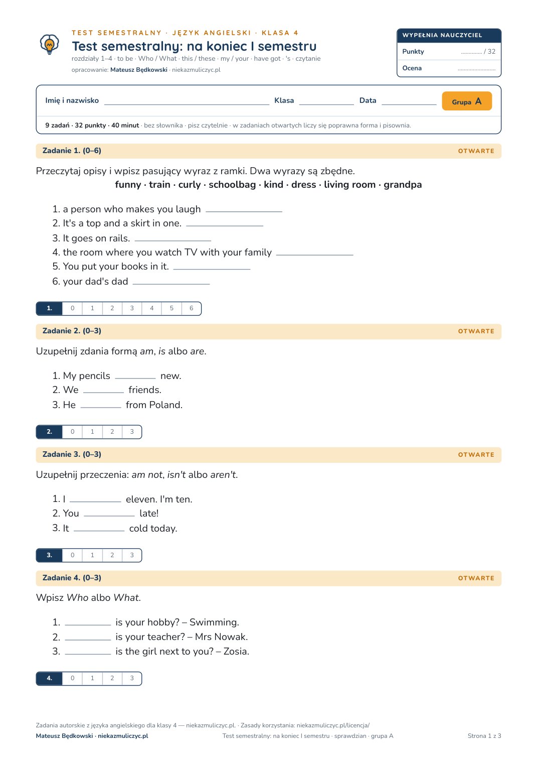 Pierwsza strona bezpłatnego arkusza A: test semestralny z angielskiego, klasa 4