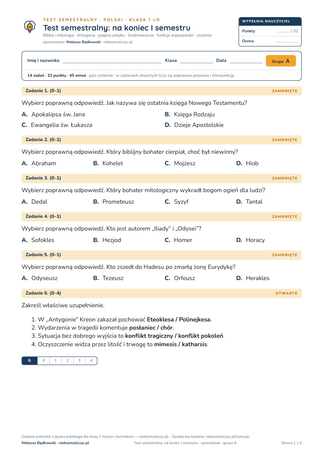 Pierwsza strona bezpłatnego arkusza A: test semestralny z polskiego, klasa 1 liceum