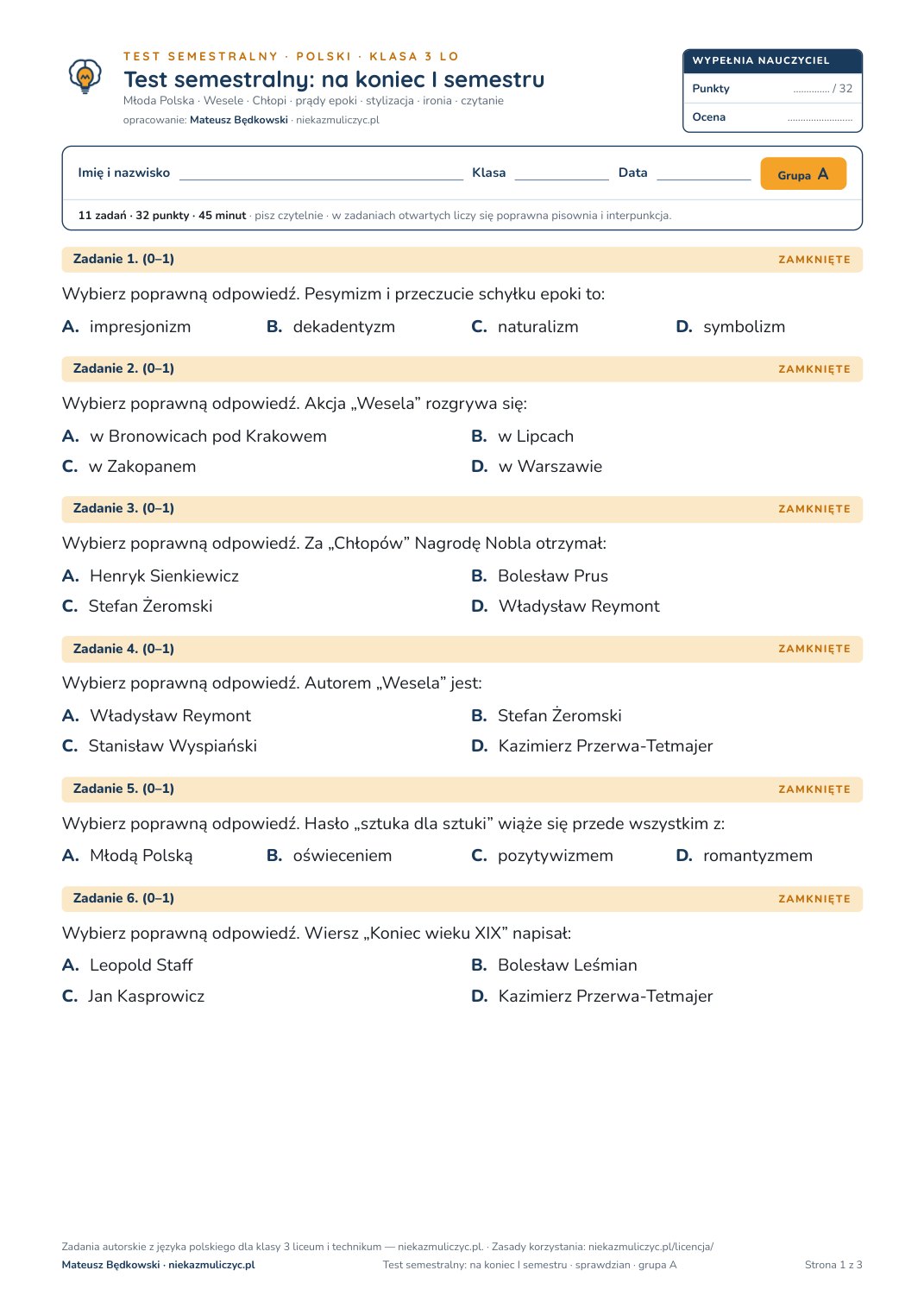 Pierwsza strona bezpłatnego arkusza A: test semestralny z polskiego, klasa 3 liceum