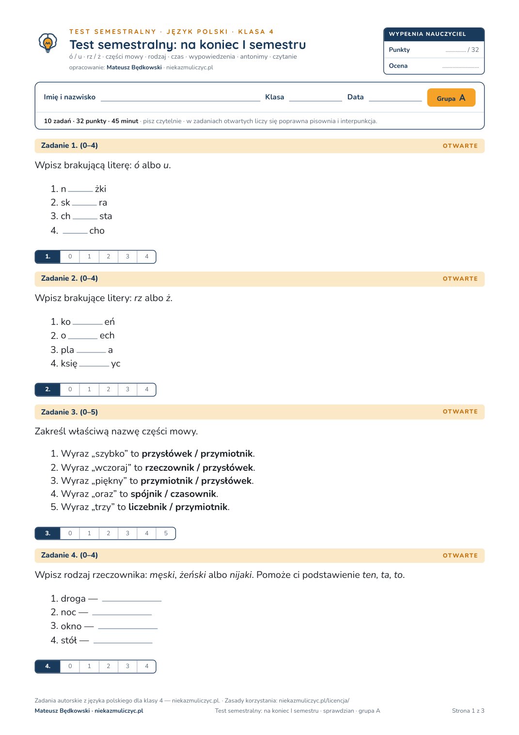 Pierwsza strona bezpłatnego arkusza A: test semestralny z polskiego, klasa 4