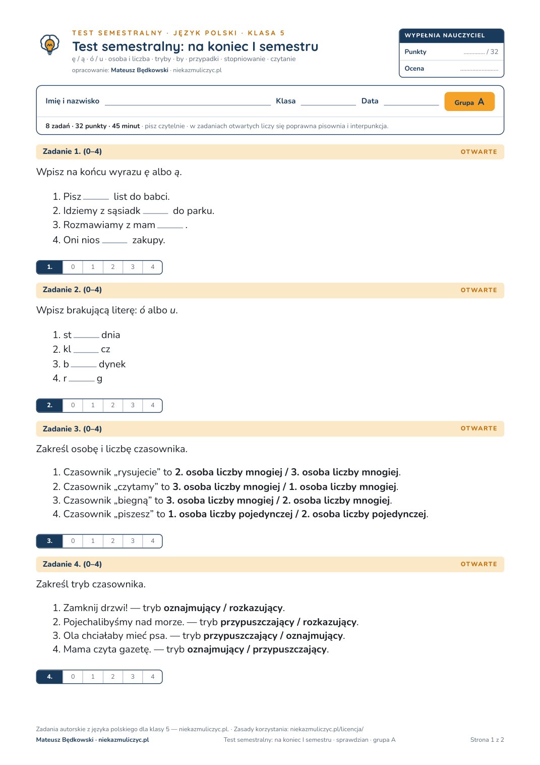 Pierwsza strona bezpłatnego arkusza A: test semestralny z polskiego, klasa 5