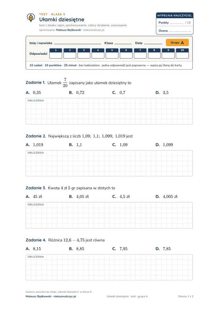 Test: Ułamki dziesiętne — pierwsza strona, grupa A