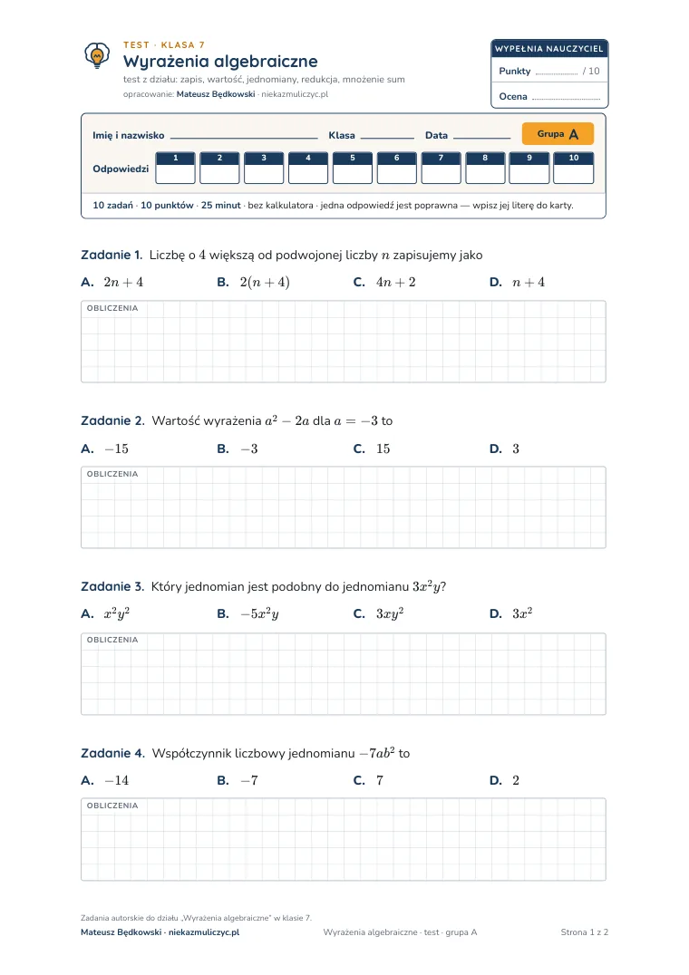 Test: Wyrażenia algebraiczne — pierwsza strona, grupa A