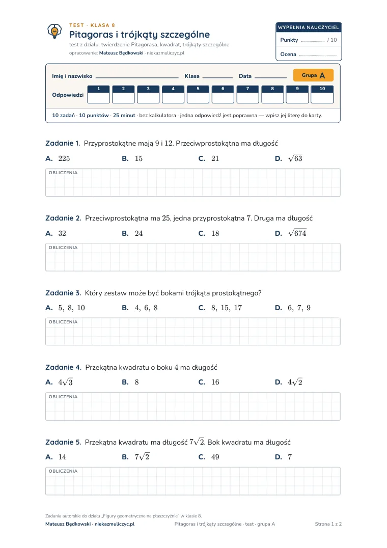 Test: Pitagoras i trójkąty szczególne — pierwsza strona, grupa A