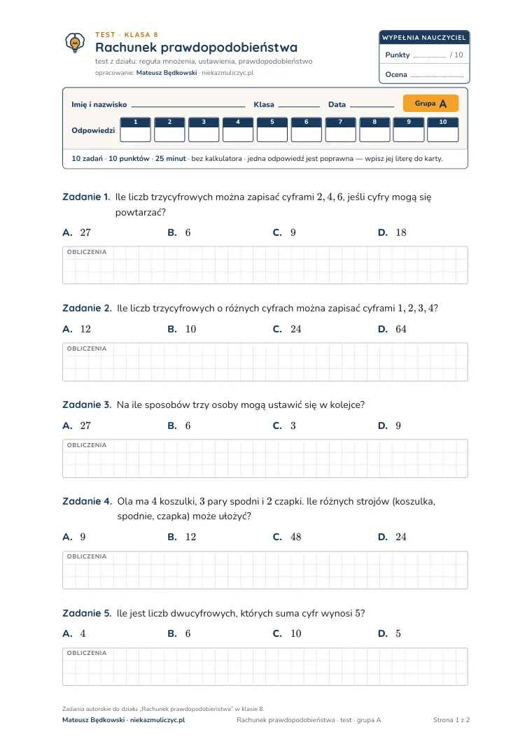 Test: Rachunek prawdopodobieństwa — pierwsza strona, grupa A