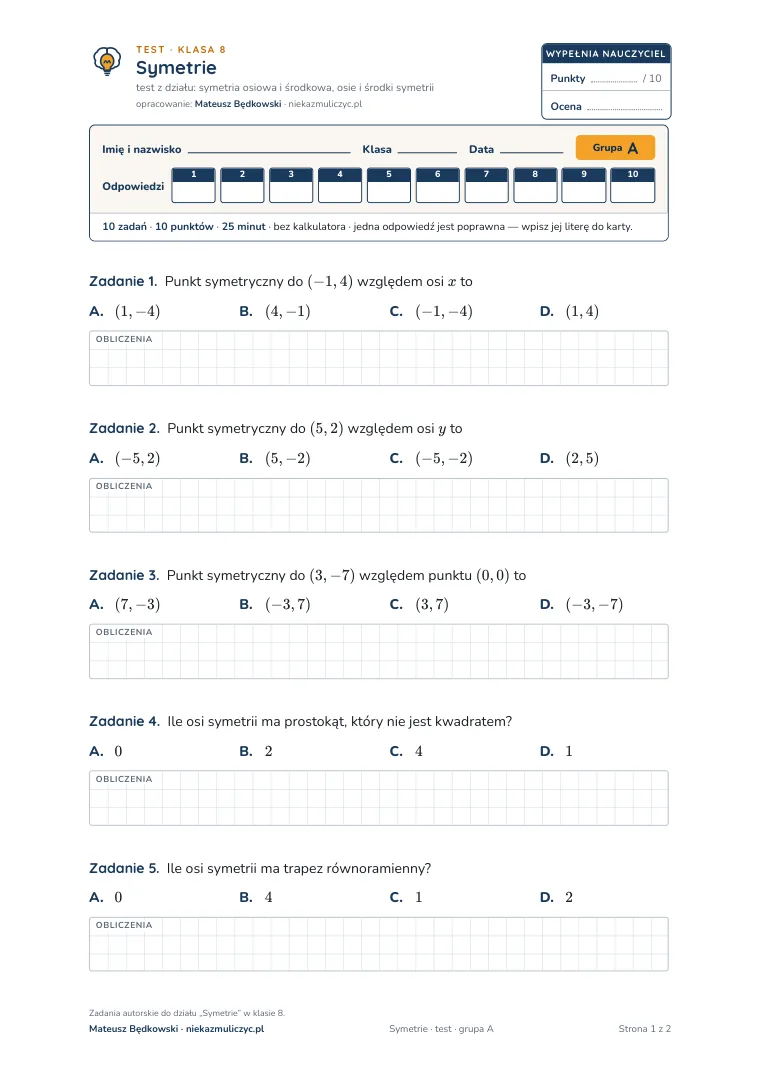 Test: Symetrie — pierwsza strona, grupa A