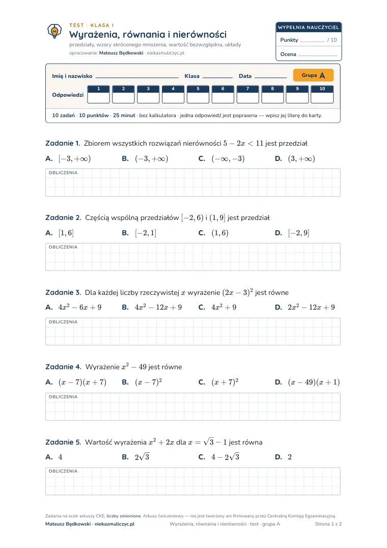 Test: Wyrażenia, równania i nierówności — pierwsza strona, grupa A