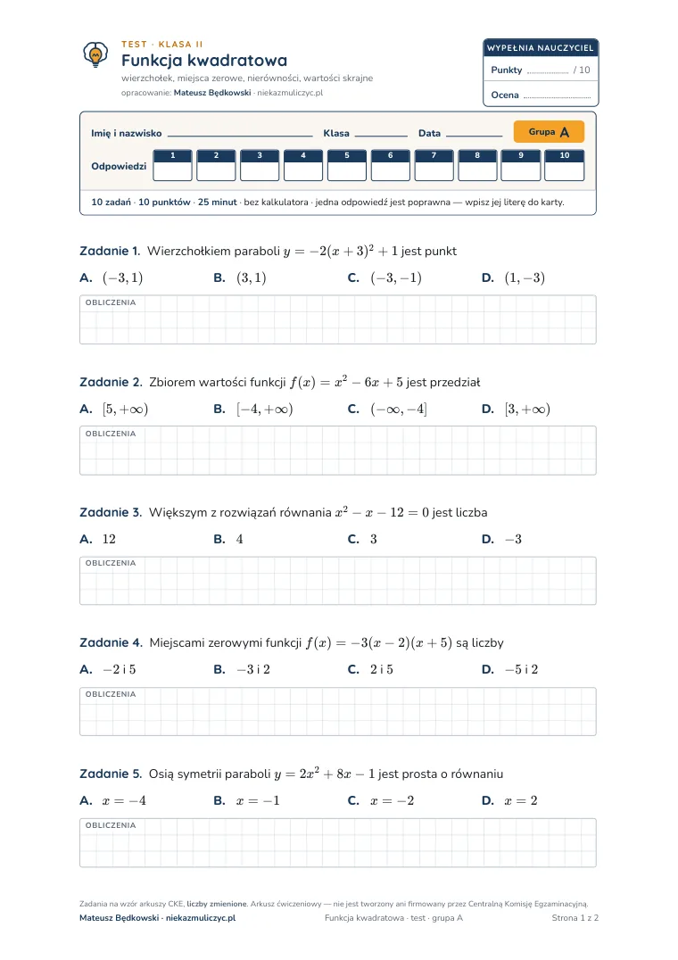 Test: Funkcja kwadratowa — pierwsza strona, grupa A