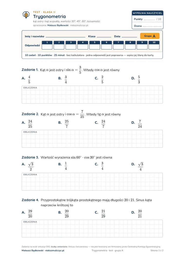 Test: Trygonometria — pierwsza strona, grupa A
