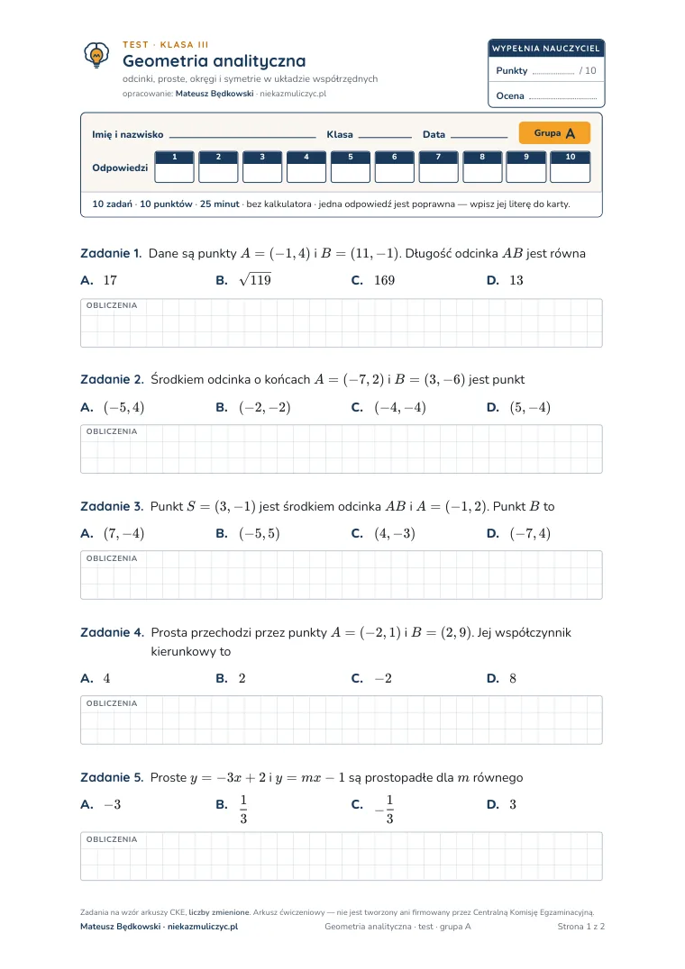 Test: Geometria analityczna — pierwsza strona, grupa A
