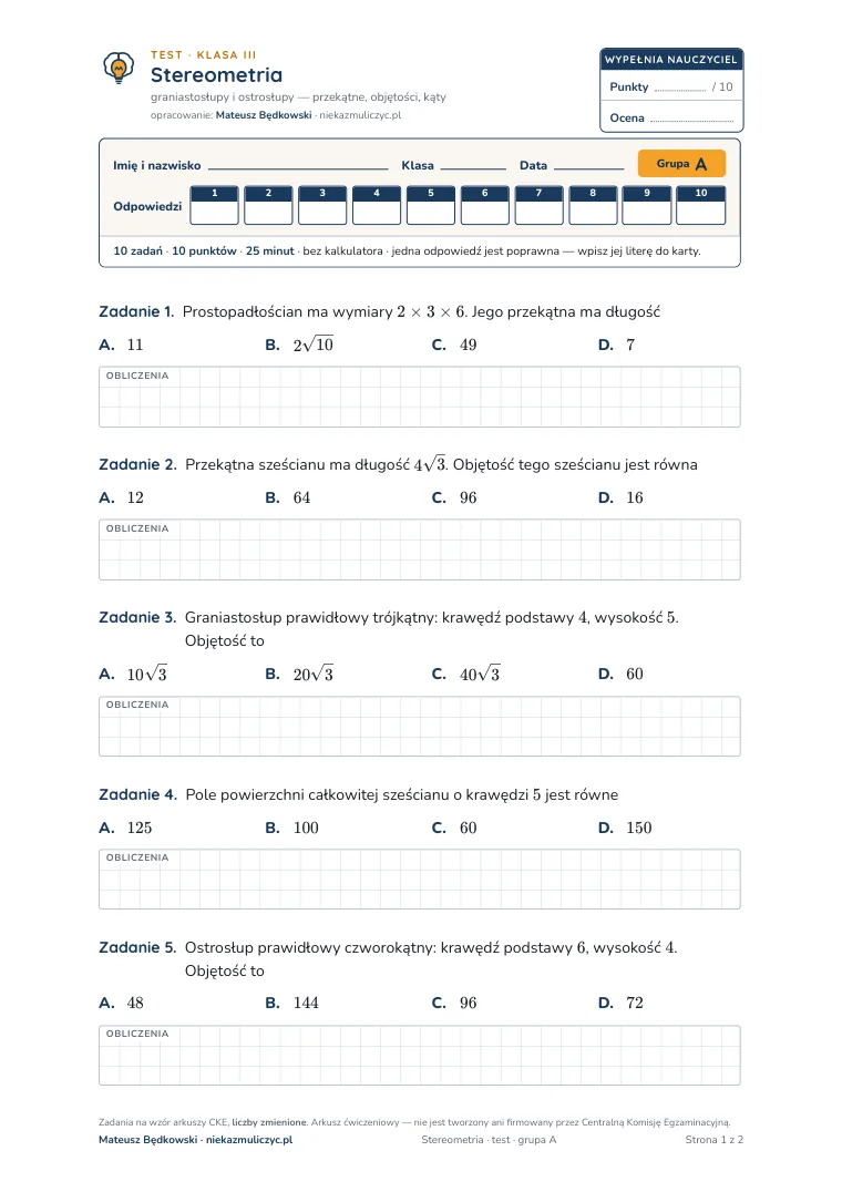 Test: Stereometria — pierwsza strona, grupa A