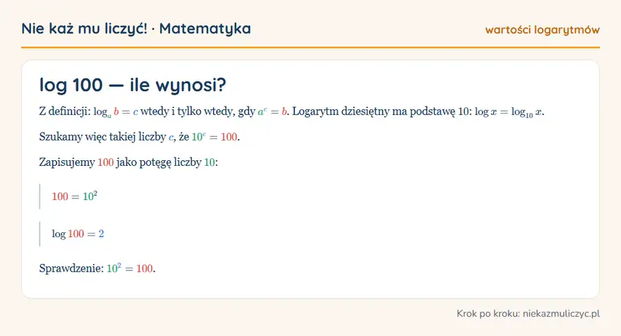 log 100 — wyprowadzenie wartości krok po kroku