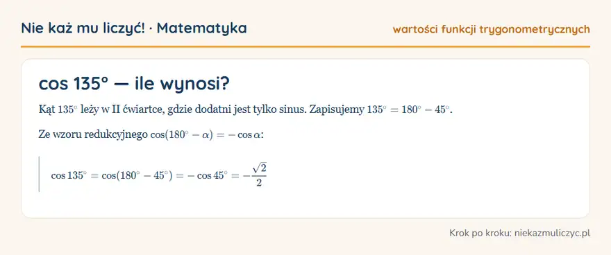 cos 135° — wyprowadzenie wartości krok po kroku
