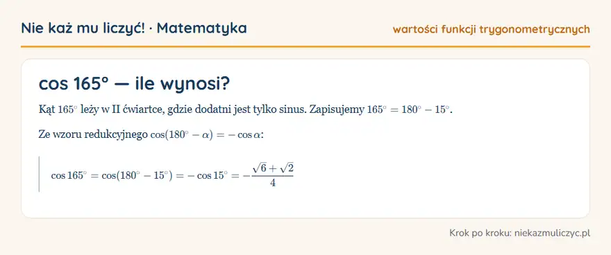 cos 165° — wyprowadzenie wartości krok po kroku